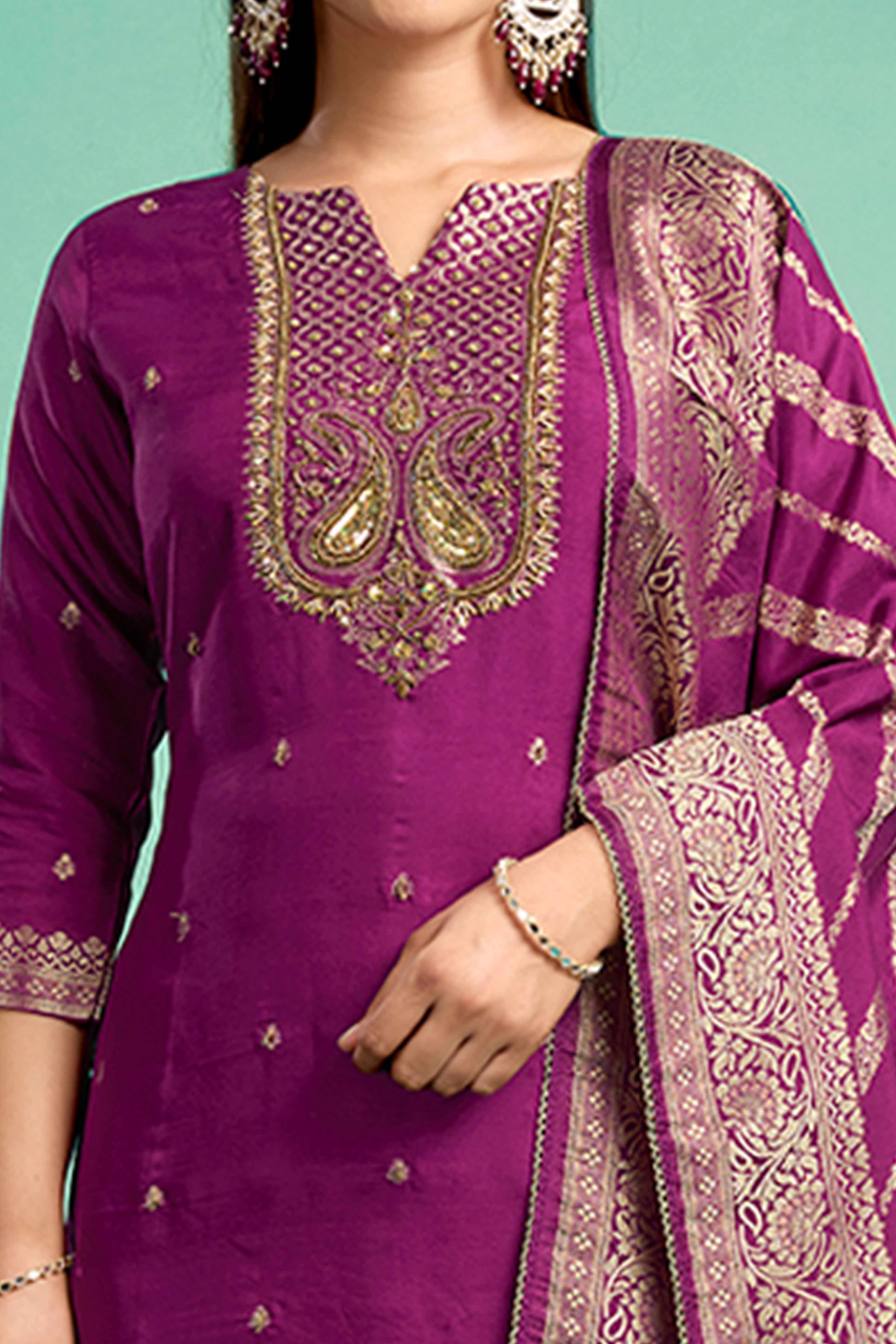 Purple Handwork Embroidered Pure Dola Silk Straight Salwar Suit