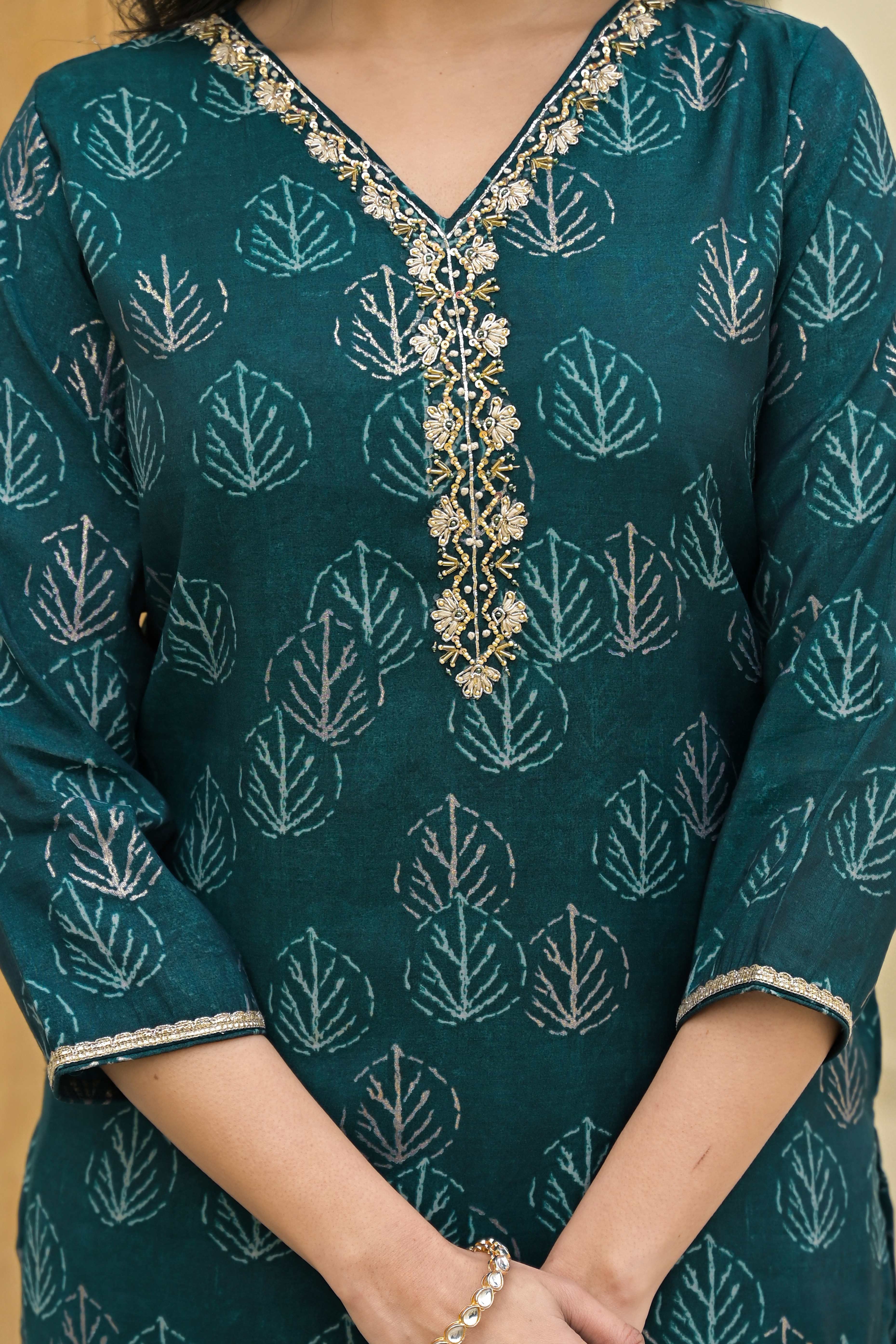 Teal Foil Printed Chanderi Straight Salwar Suit