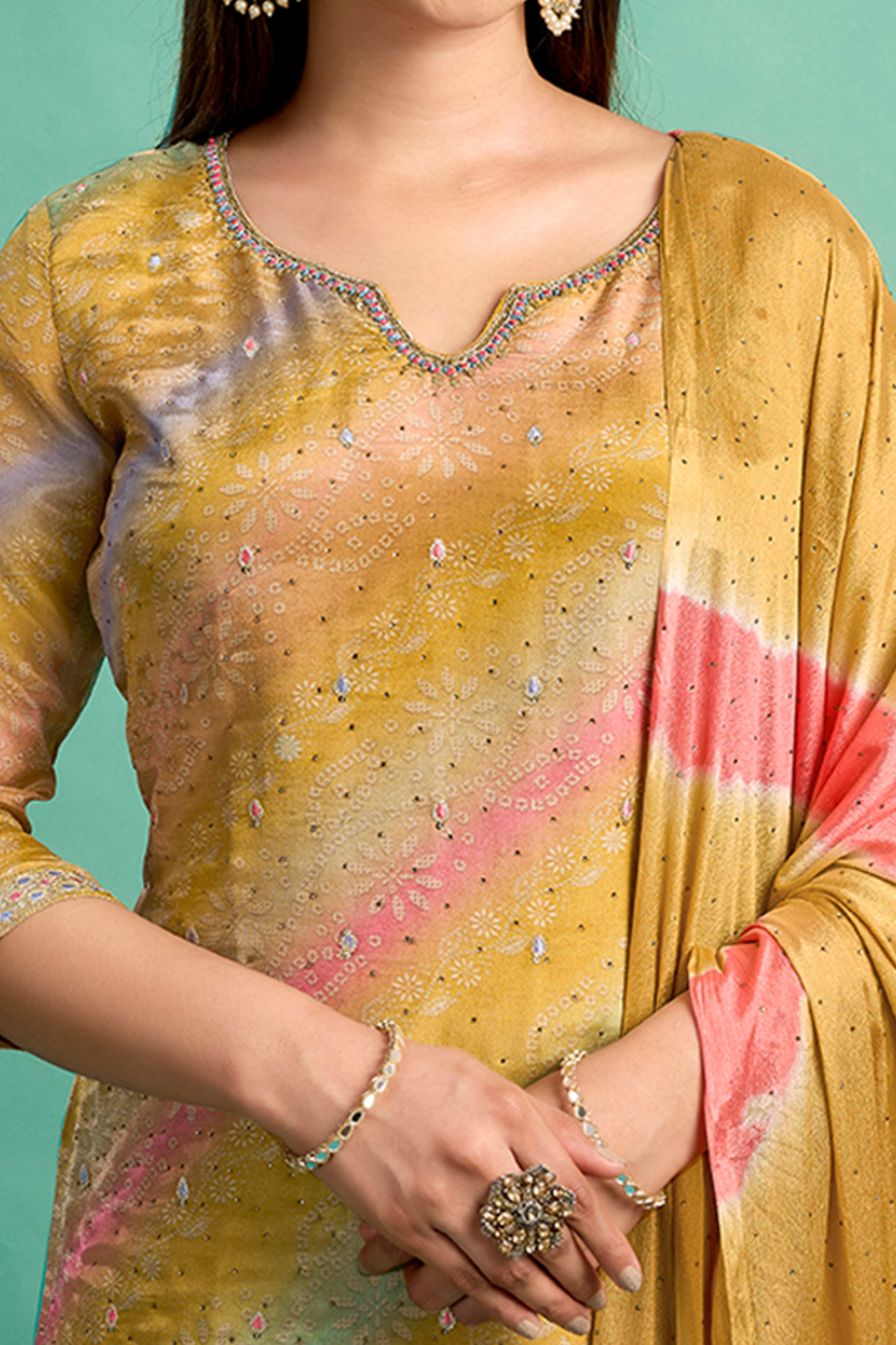 Mustard Pure Shimmer Straight Suit with Stone Embroidery