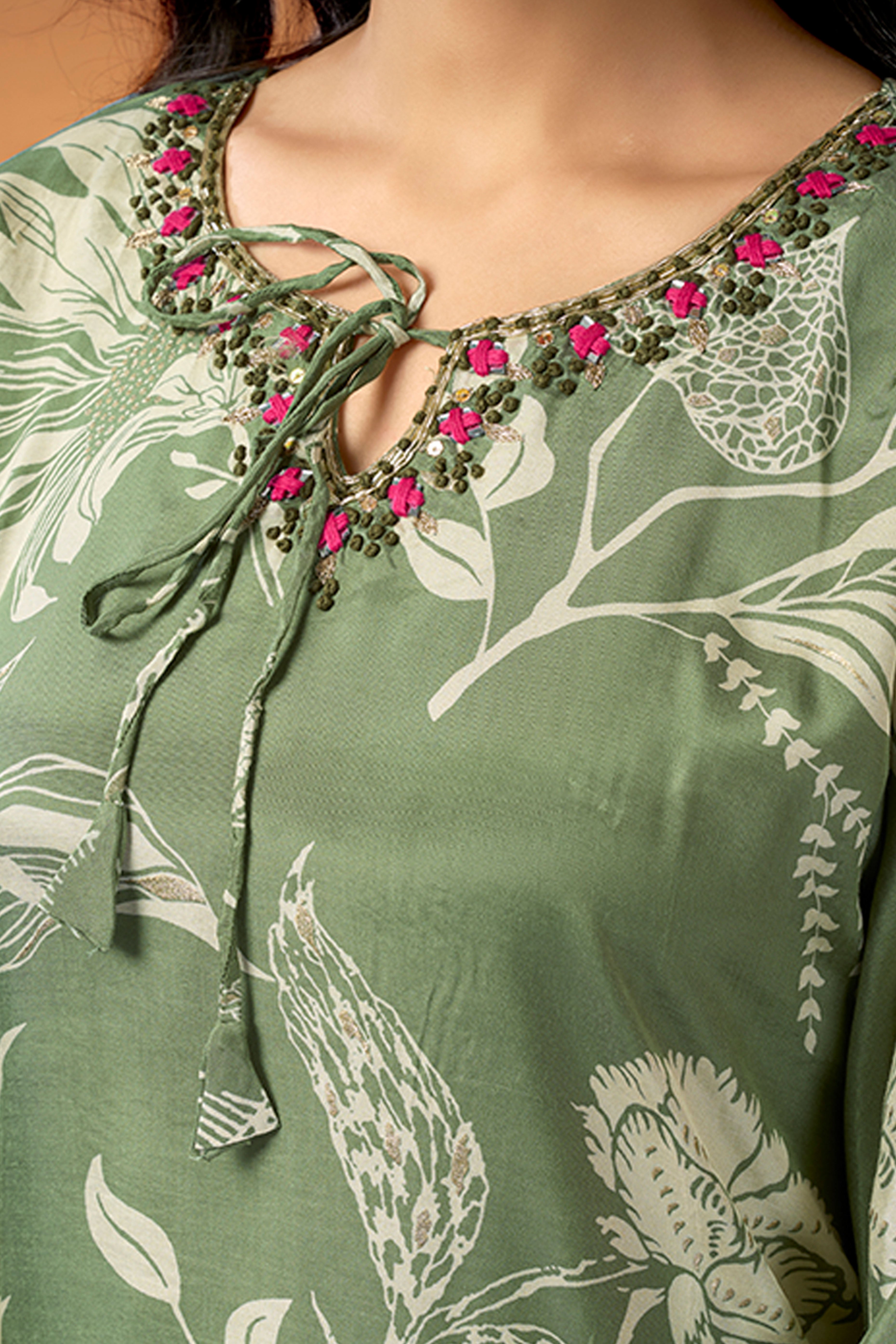 Green Floral Printed Muslin Kaftan Top Bottom Set