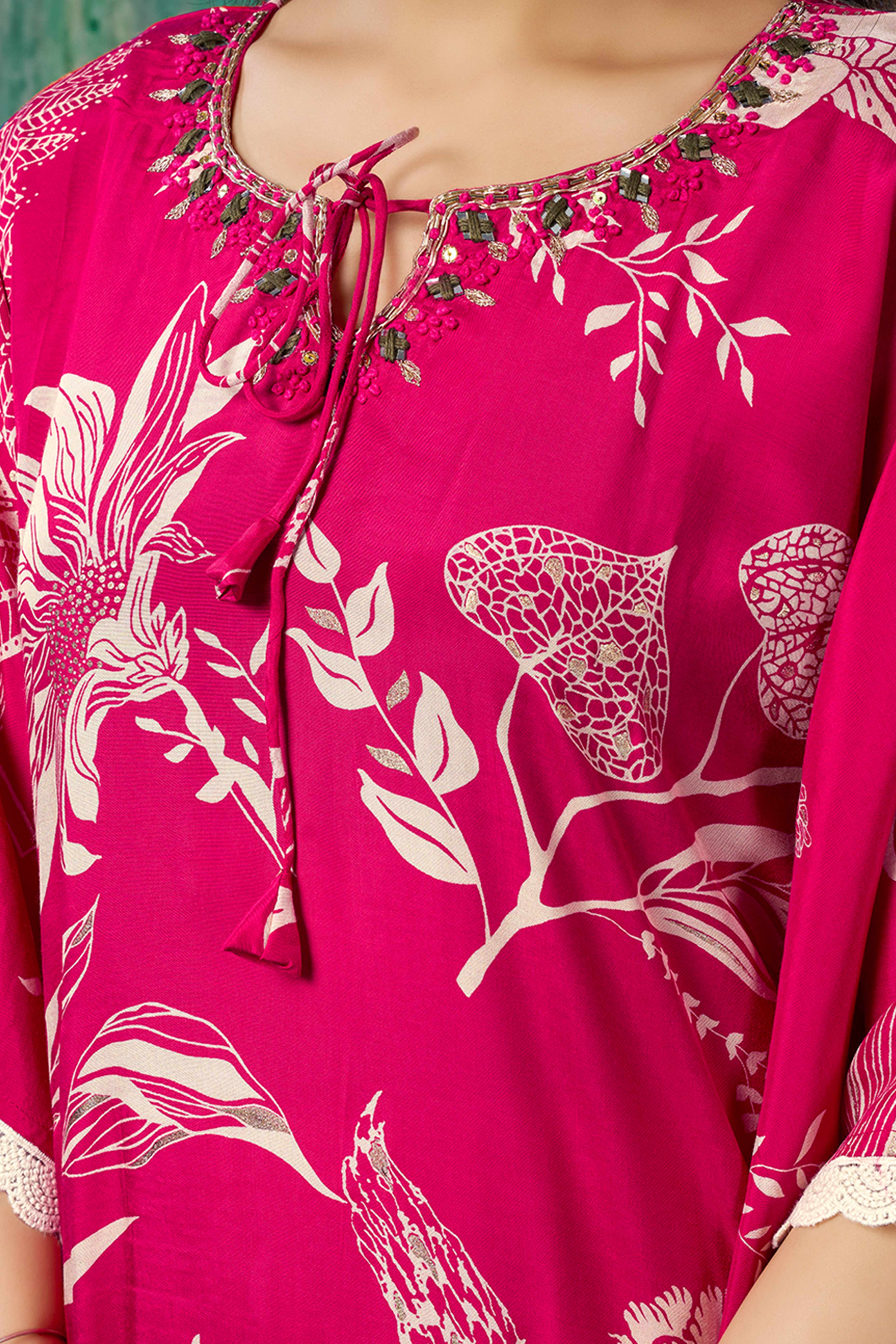 Pink Floral Printed Muslin Kaftan Top Bottom Set