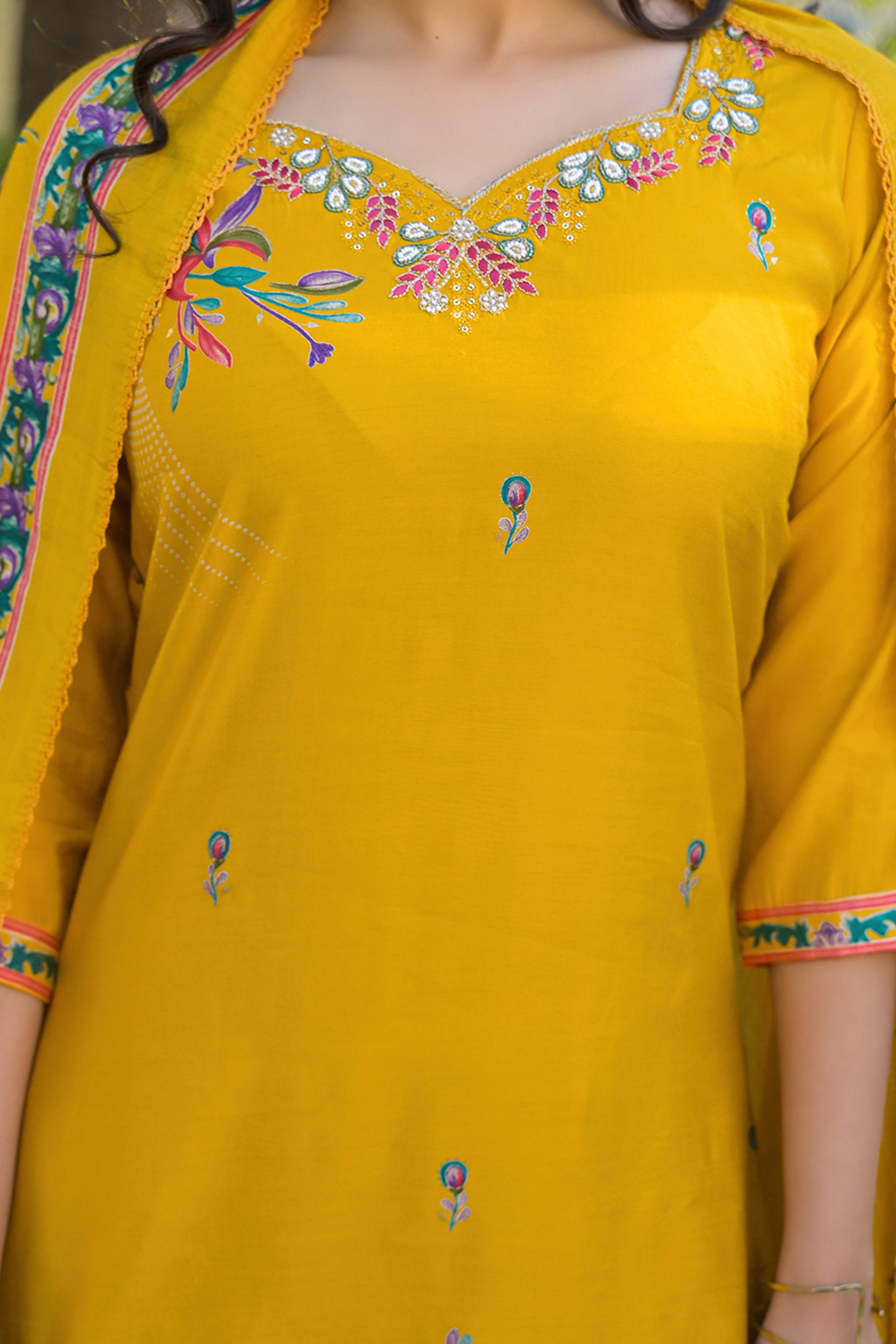 Mustard Floral Printed Thread Work Chanderi Silk Straight Salwar Suit