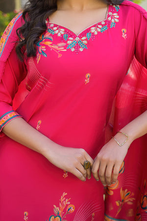 Pink Floral Printed Thread Work Chanderi Silk Straight Salwar Suit