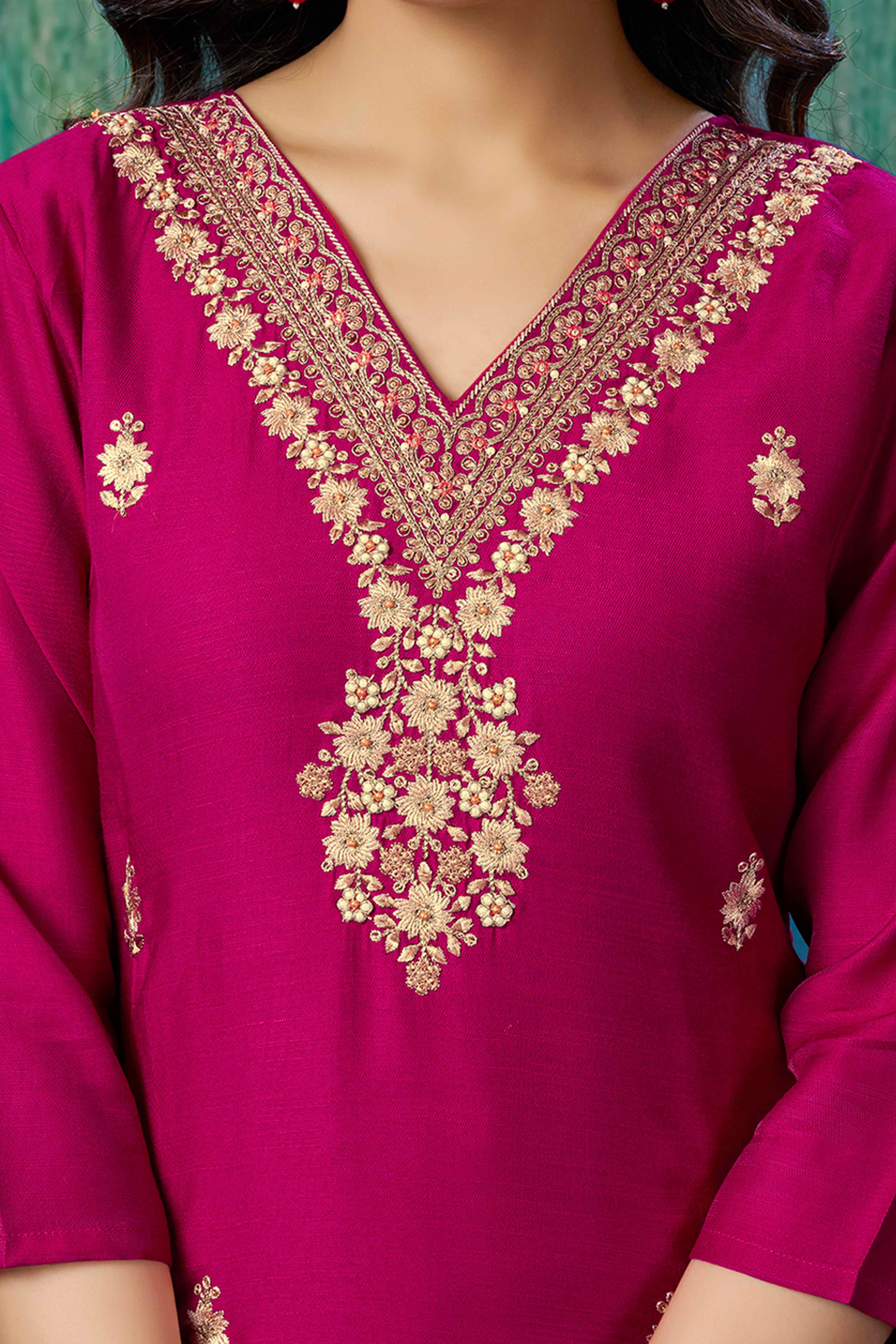 Rani Pink Beads Work Embroidered Chanderi Straight Salwar Suit