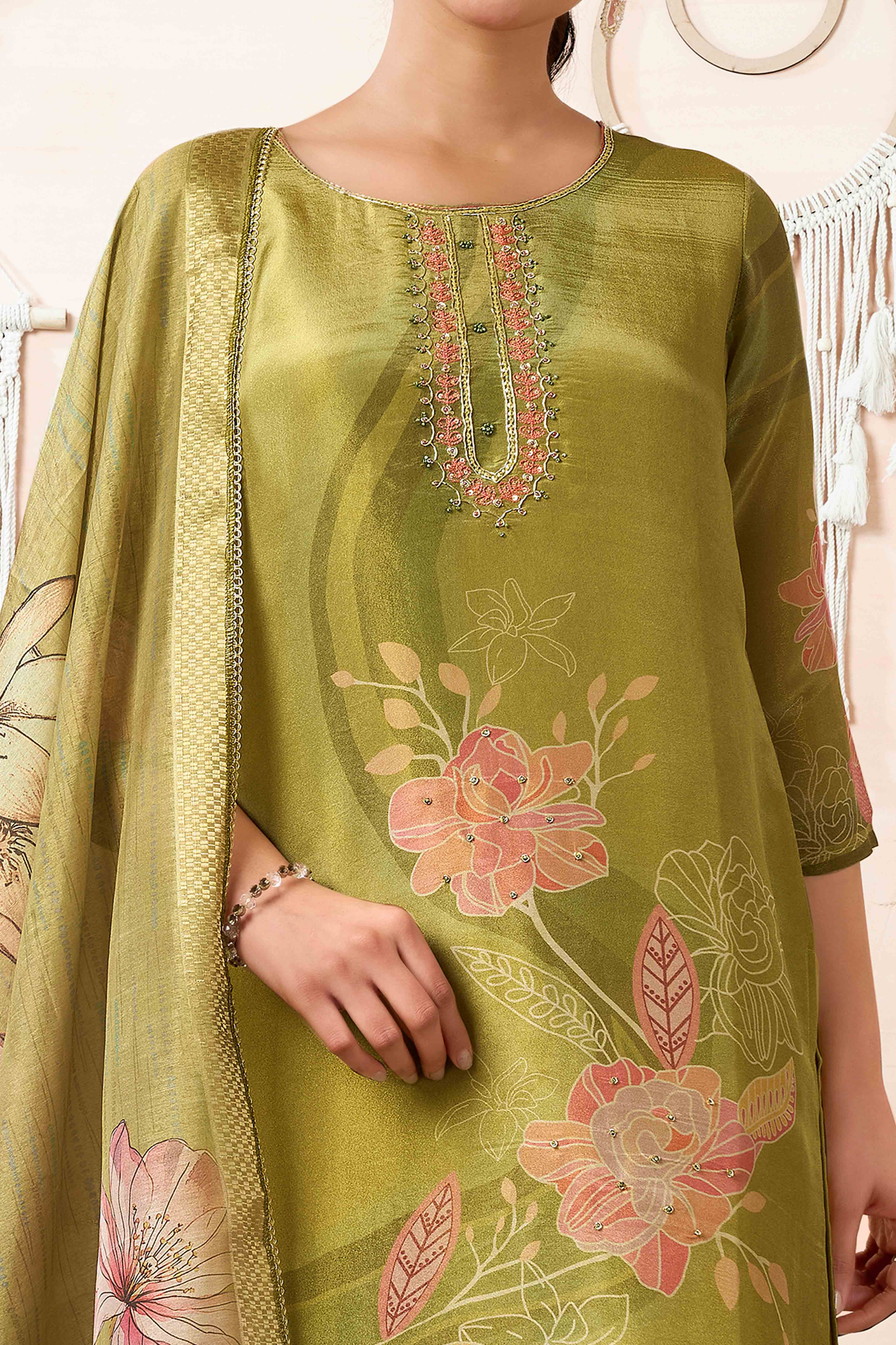 Green Floral Printed With Handwork Shimmer Organza Straight Salwar Suit