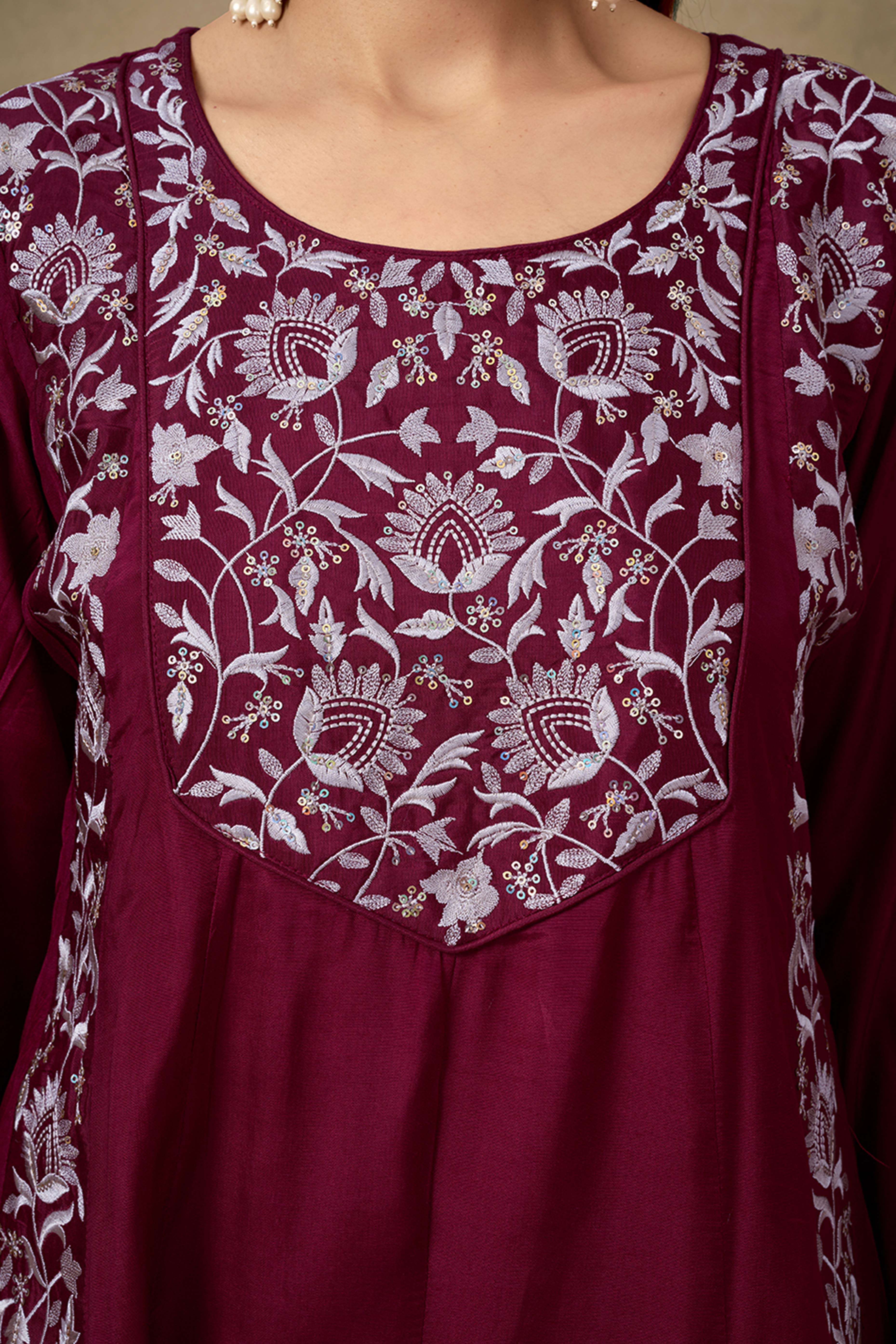 Maroon Silk Blend Anarkali Suit With Floral Sequins Embroidery