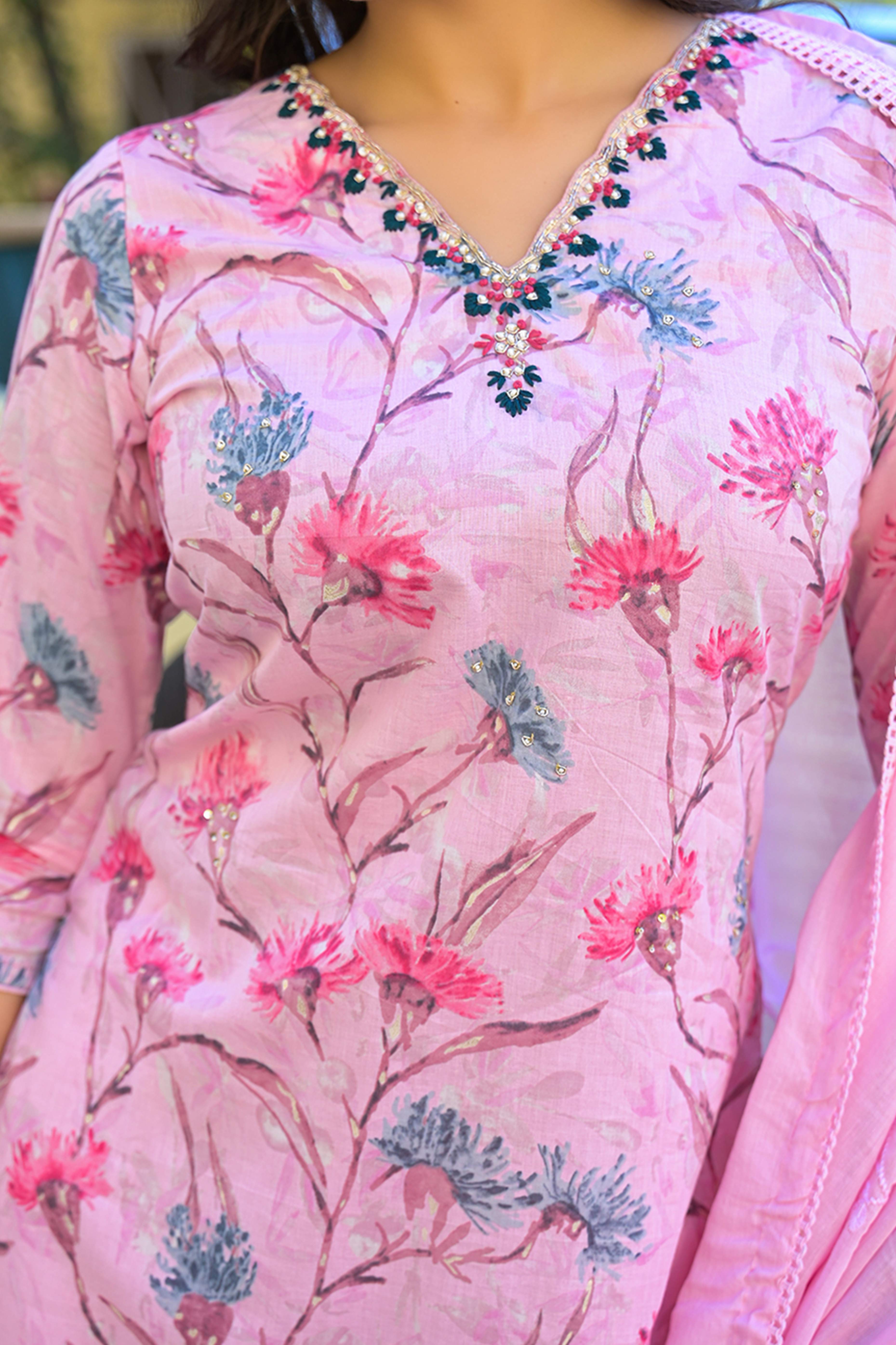 Light Pink Floral Printed Thread Work Pure Cotton Straight Salwar Suit