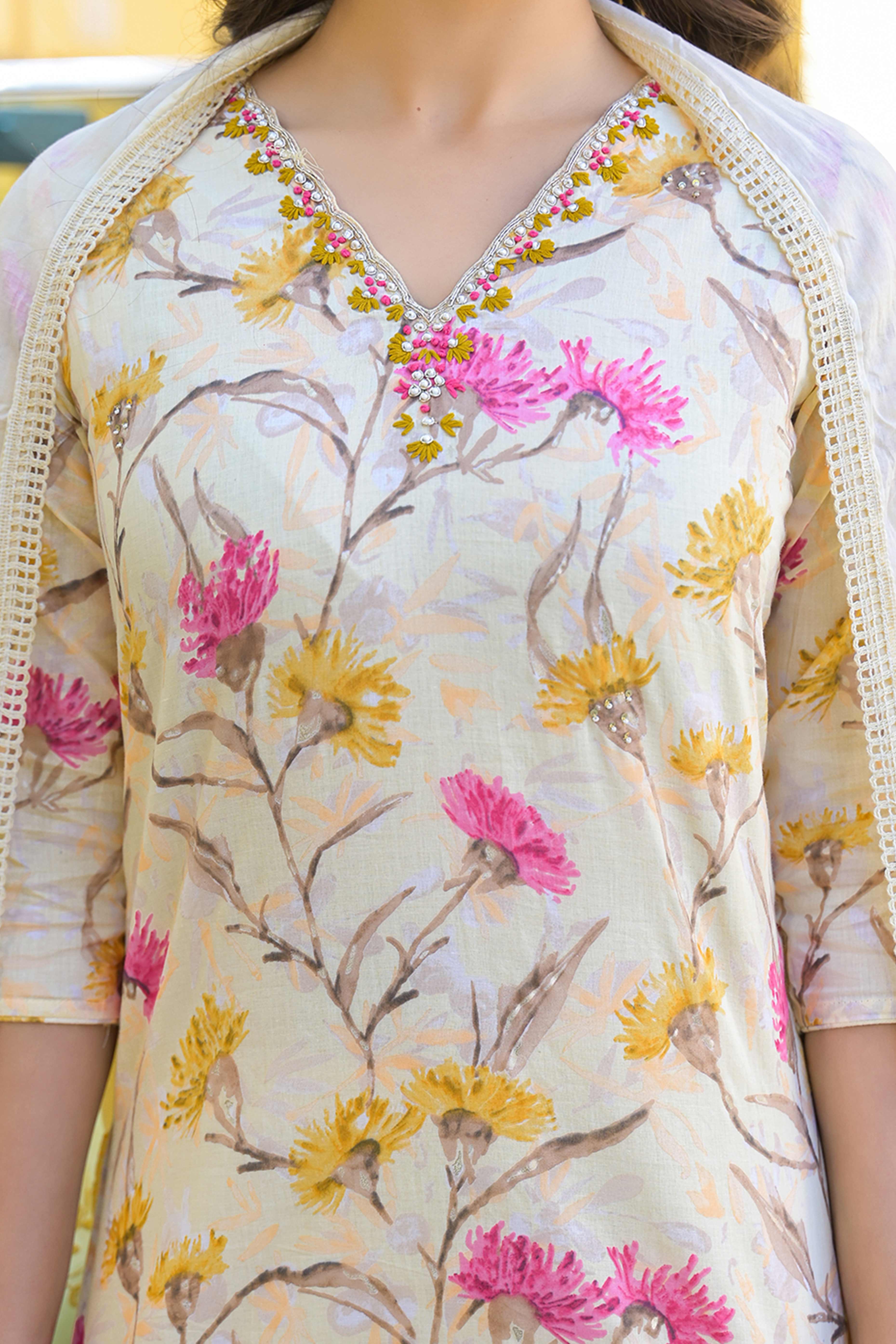 Light Yellow Floral Printed Thread Work Pure Cotton Straight Salwar Suit