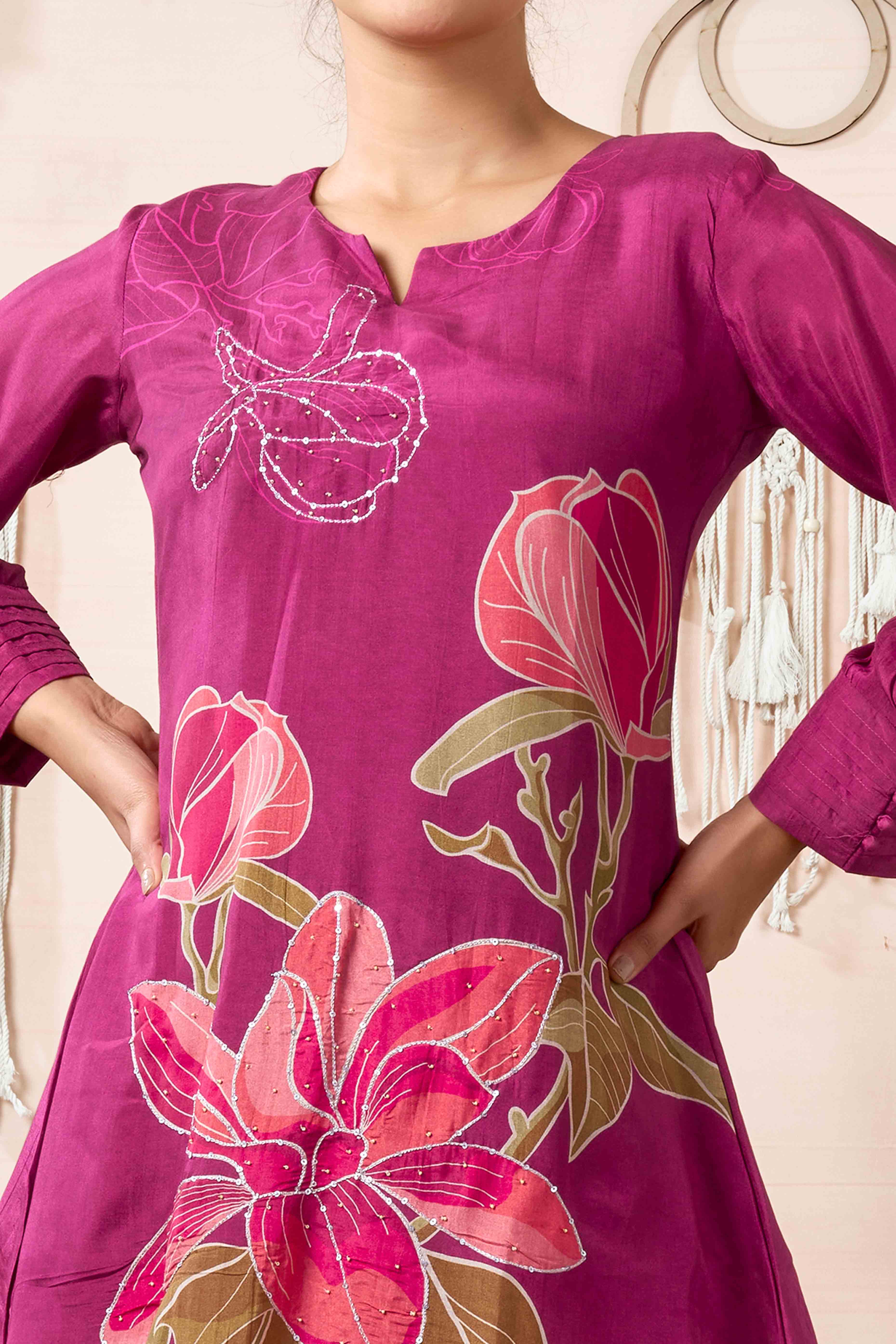 Mulberry Wine Beads Work Digital Printed Muslin Co-Ord Set