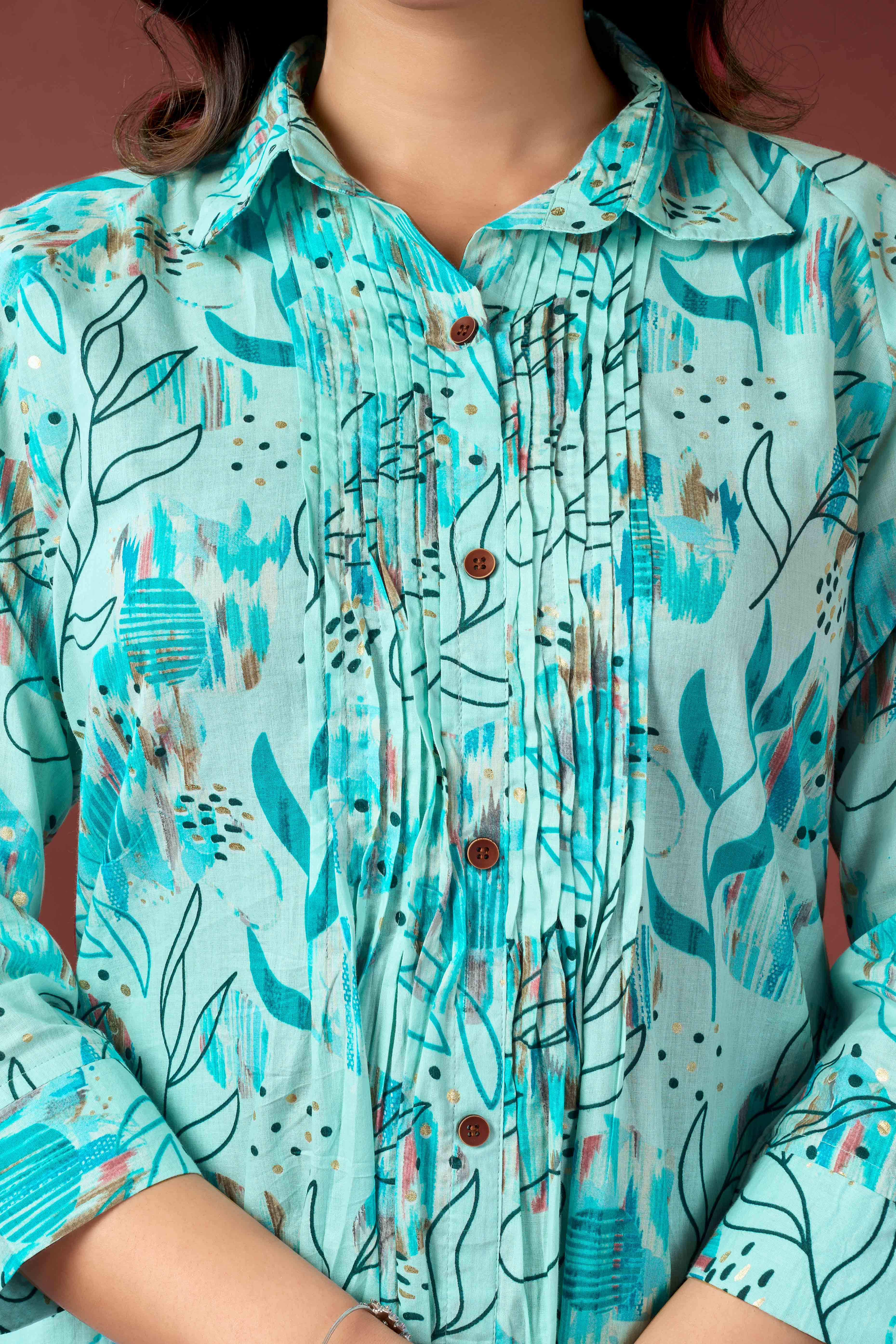 Light Blue Floral Printed Pure Cotton A-Line Kurti