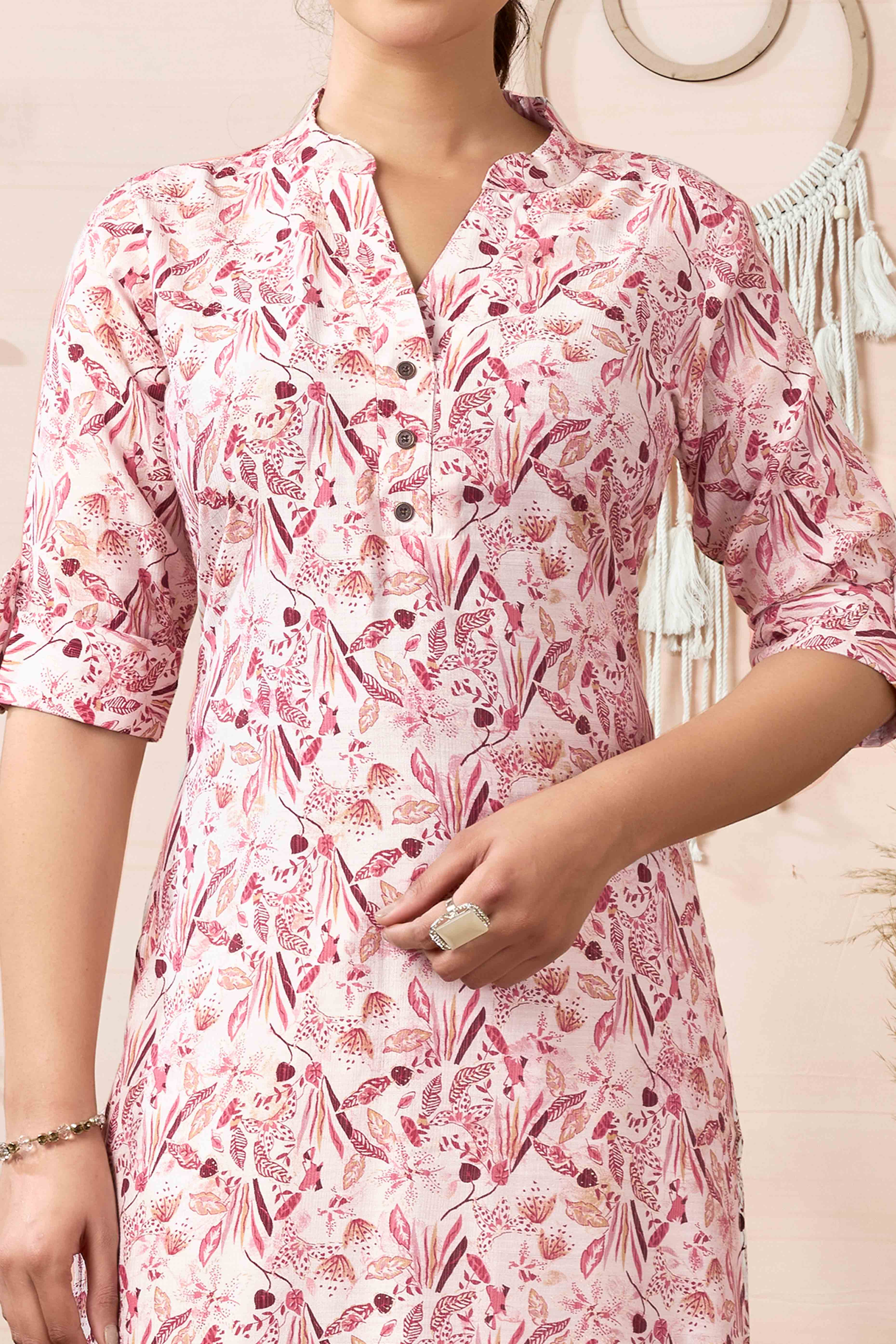 Off White & Wine Floral Printed Pure Cotton Slub Straight Kurti