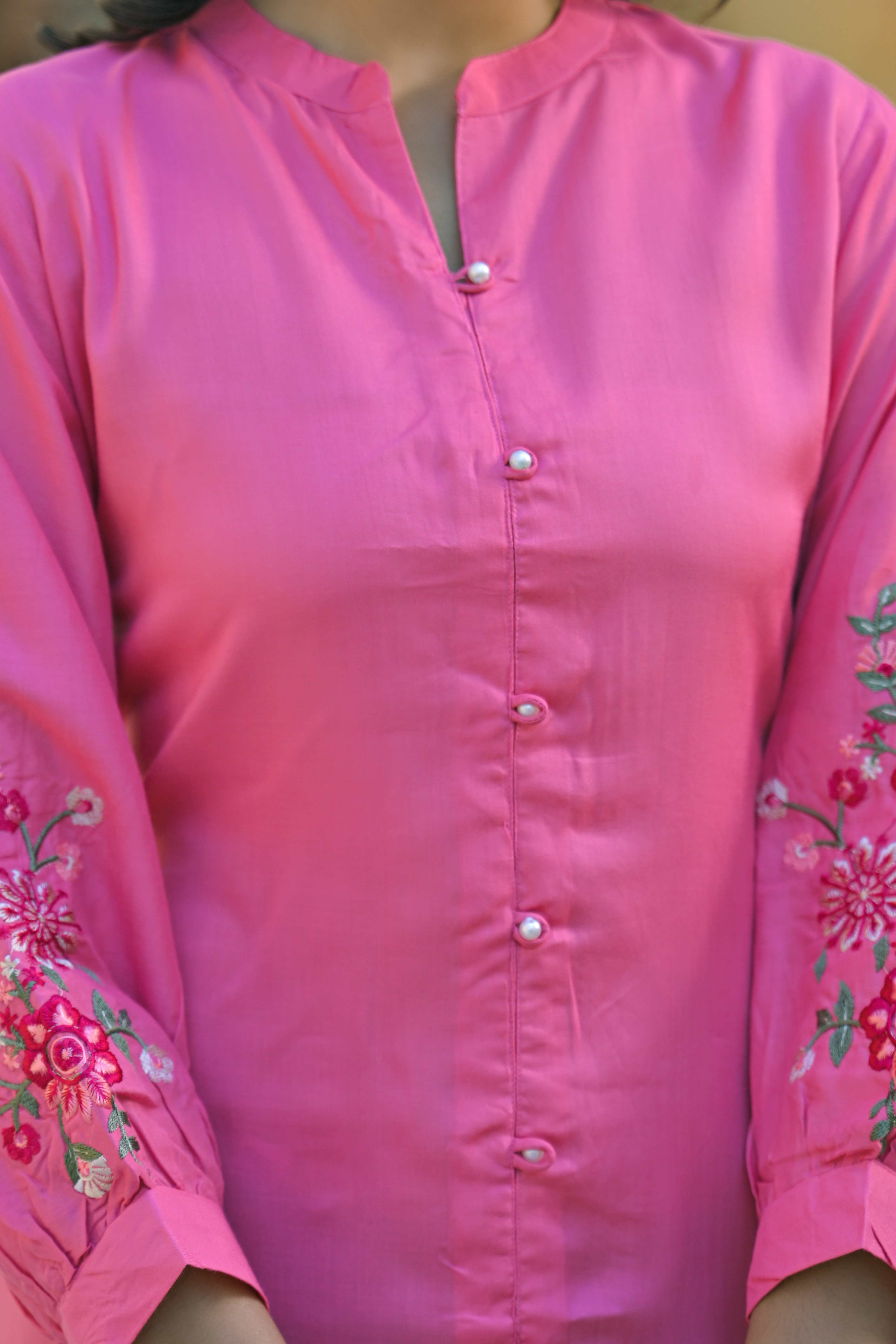 Pink Floral Embroidered Rayon Straight Top