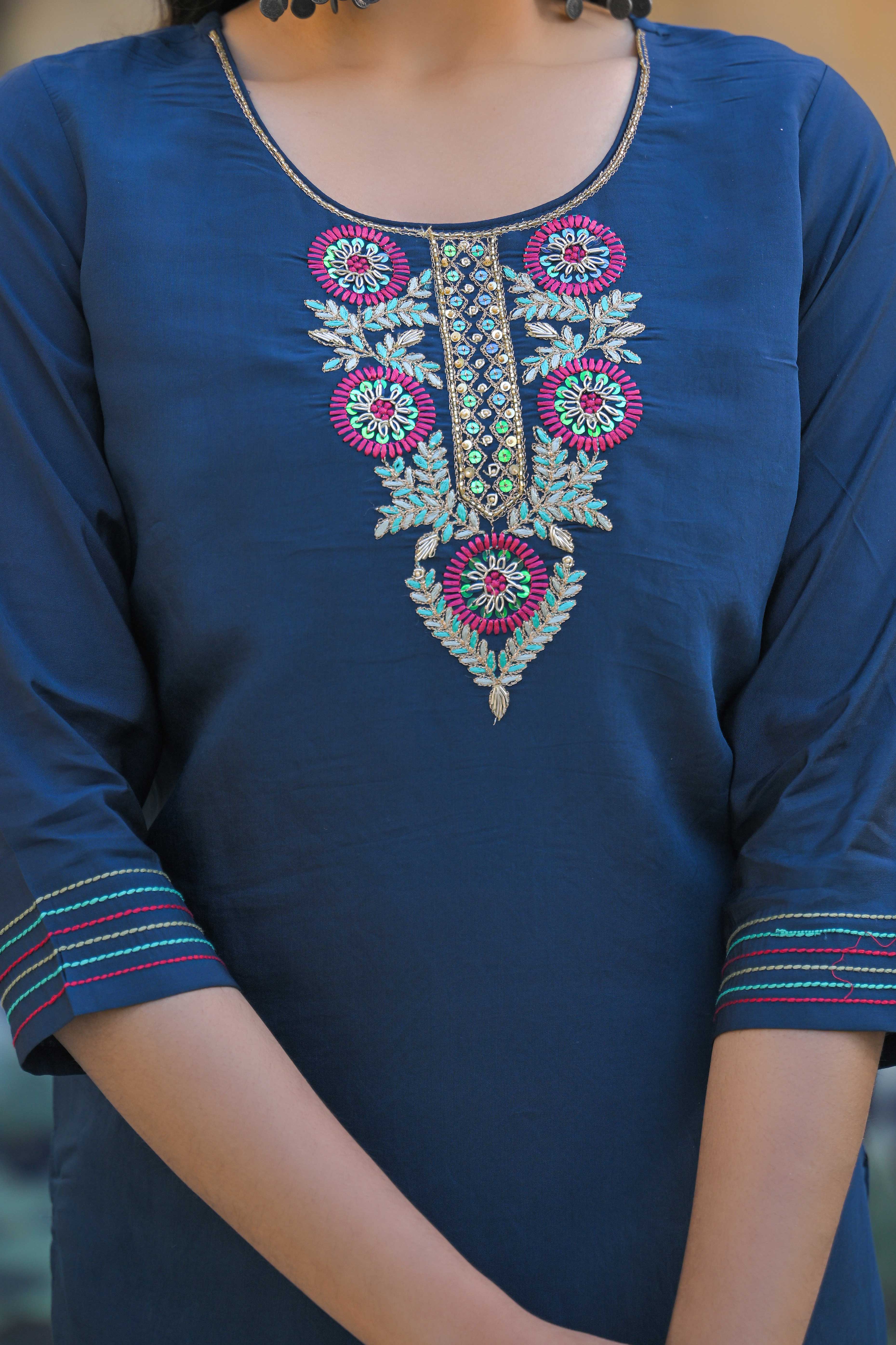 Traditional Morpich Blue Hand Embroidered Chanderi Silk Suit