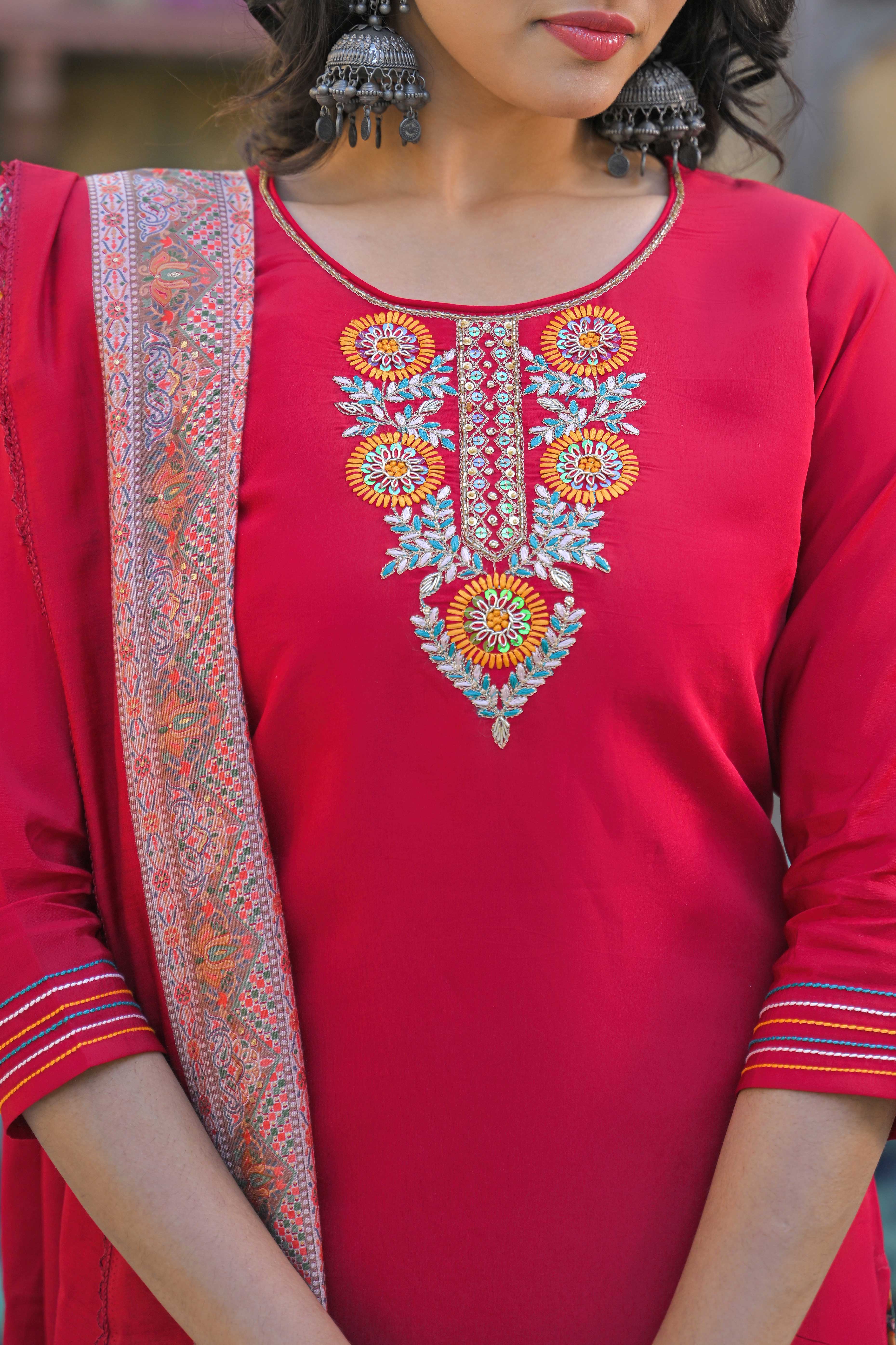 Pink Floral Handwork Embroidered Chanderi Silk Straight Salwar Suit