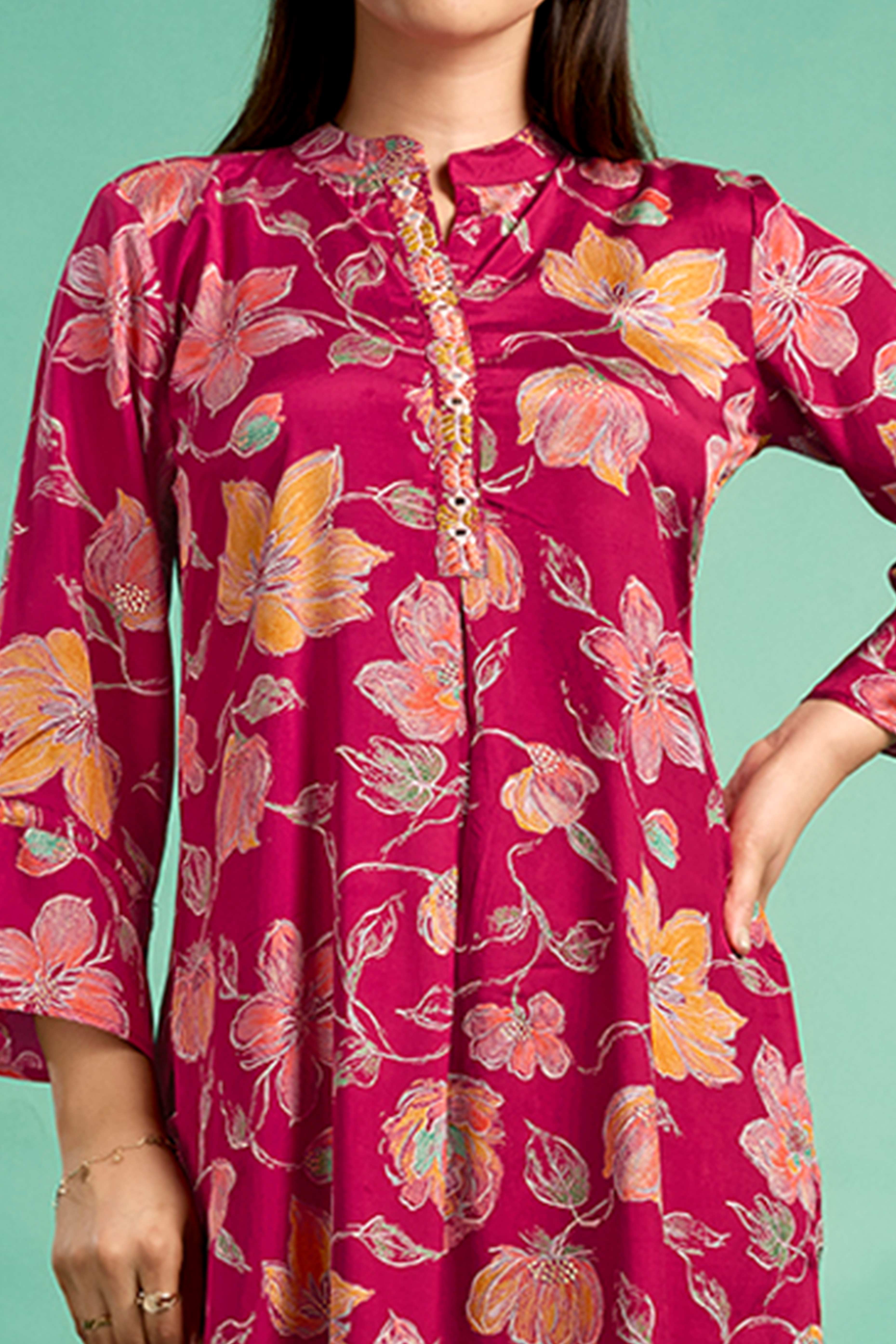 Red Floral Printed Muslin Straight Co-Ord Set