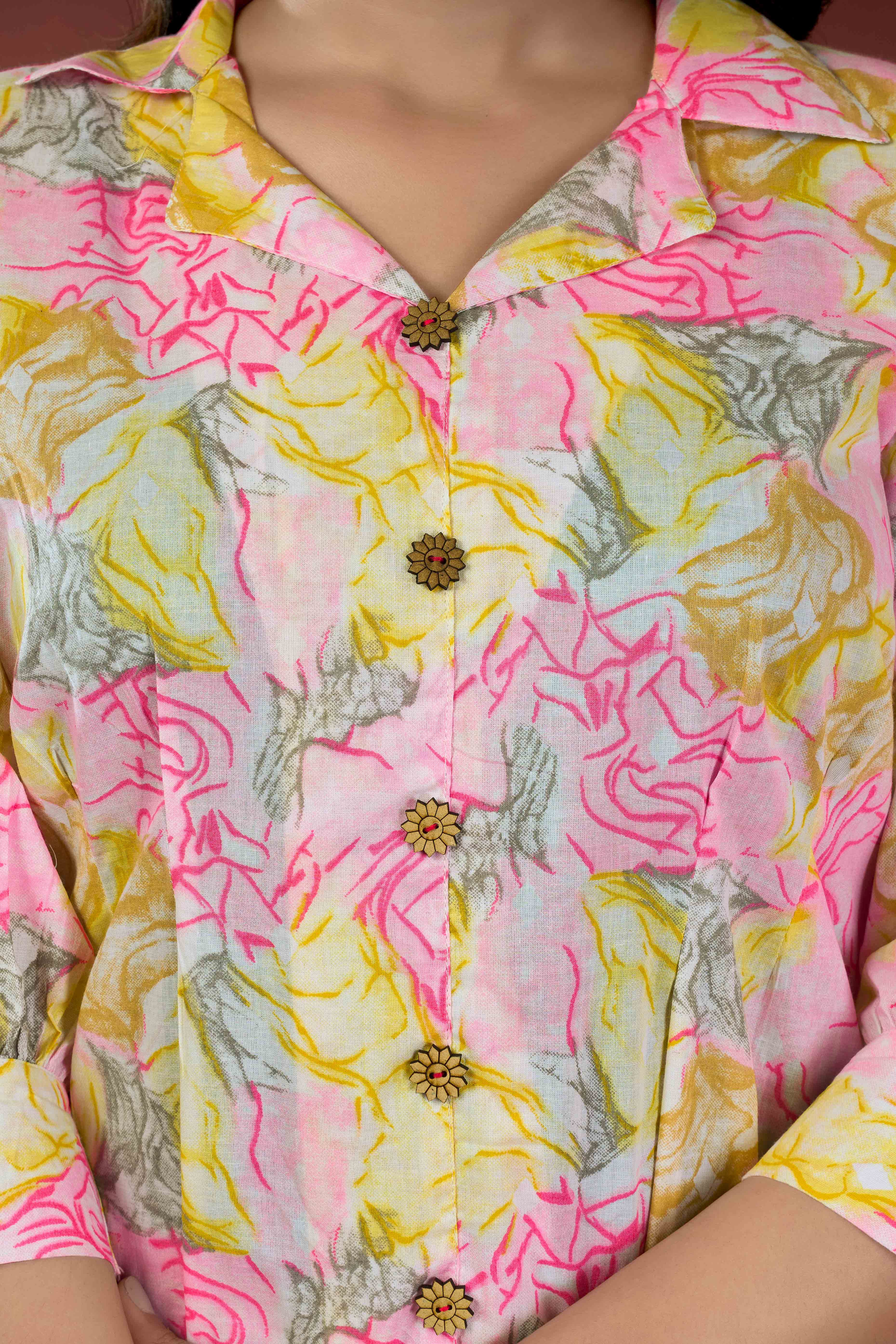 Yellow & Pink Floral Printed Pure Cotton A-Line Top