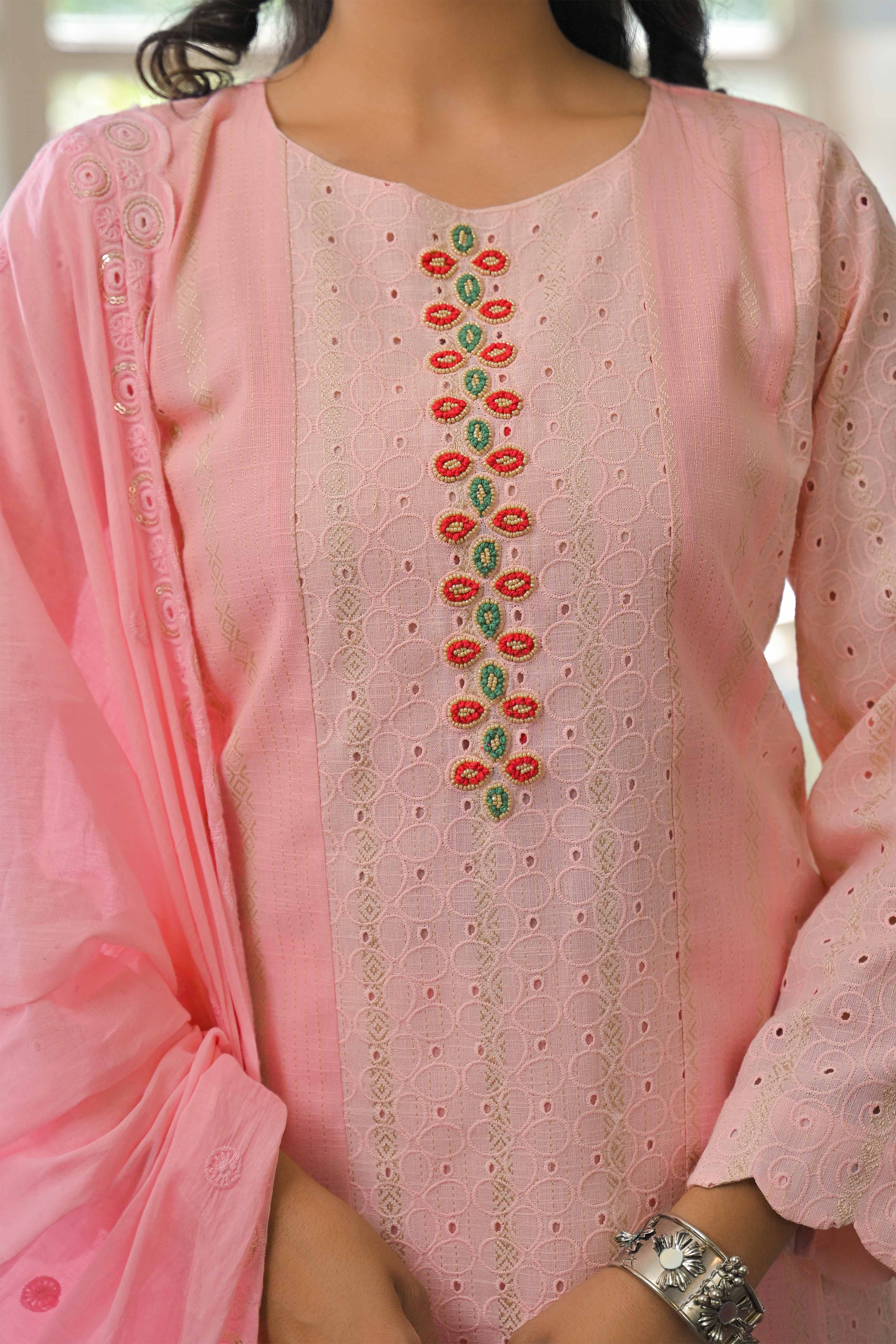 Pink Embroidered Pure Cotton Straight Salwar Suit