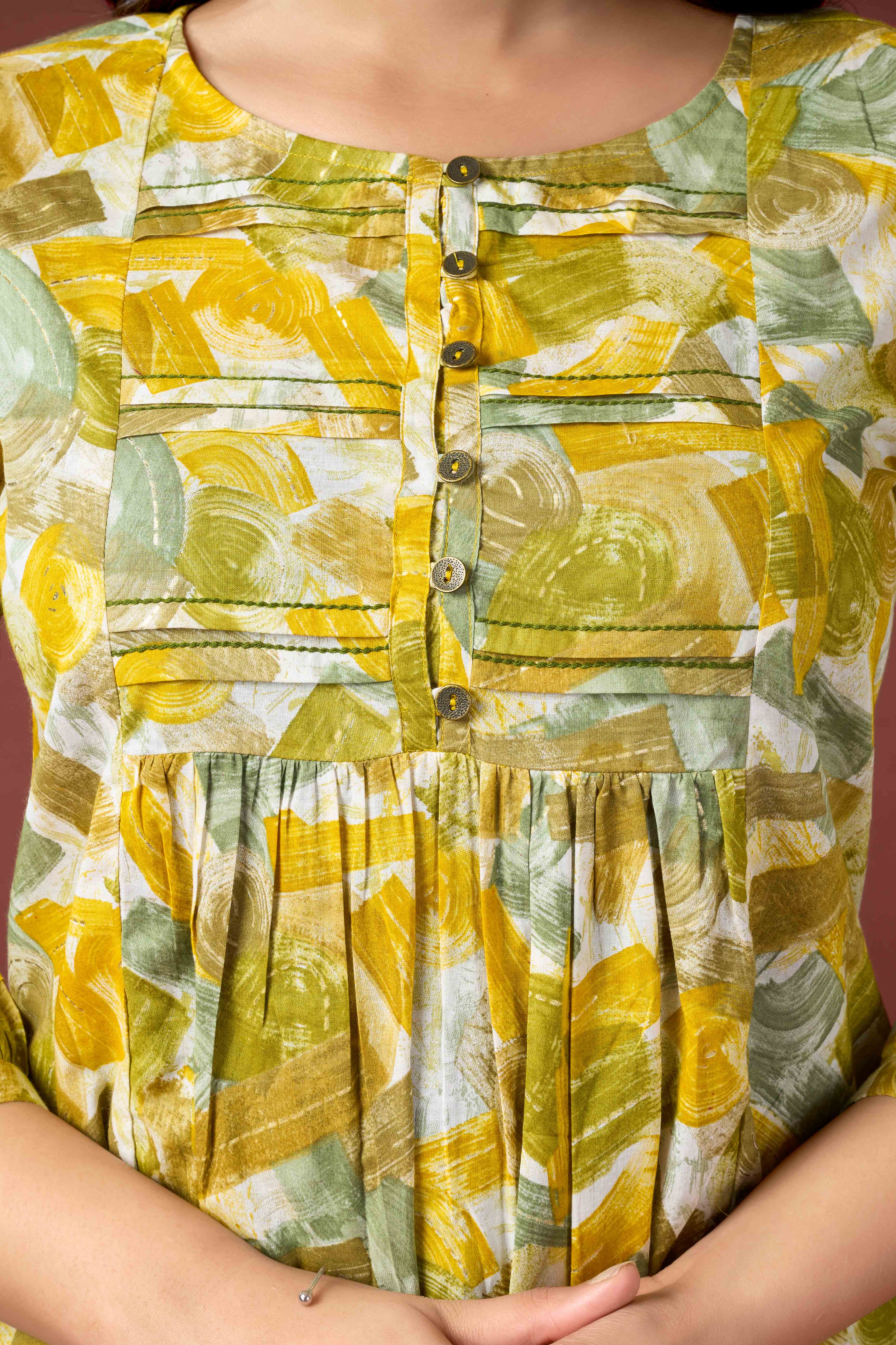 Mustard Abstract Printed Pure Cotton A-Line Top