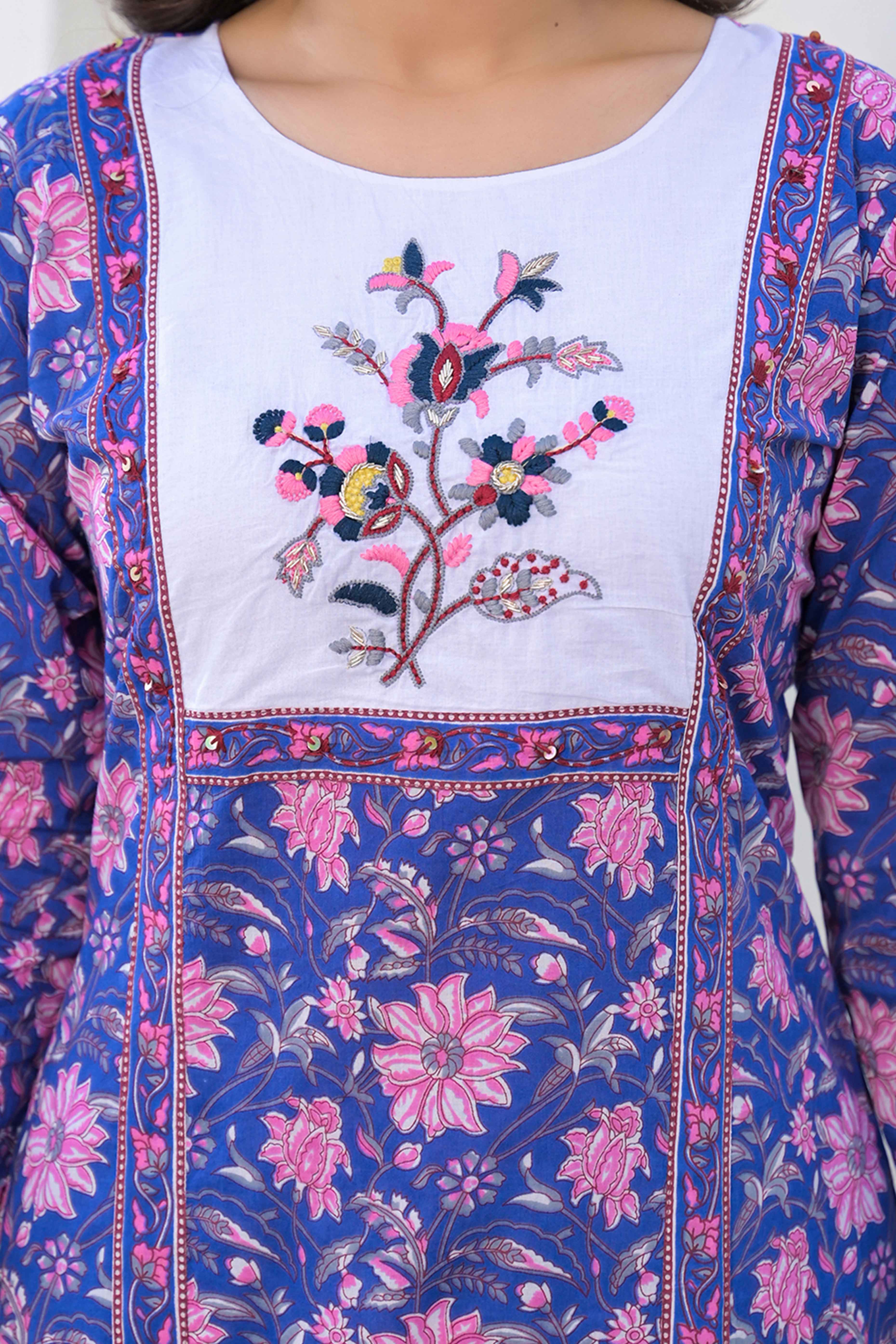 Blue Pure Cotton Salwar Suit with Floral Prints and Embroidered Neck