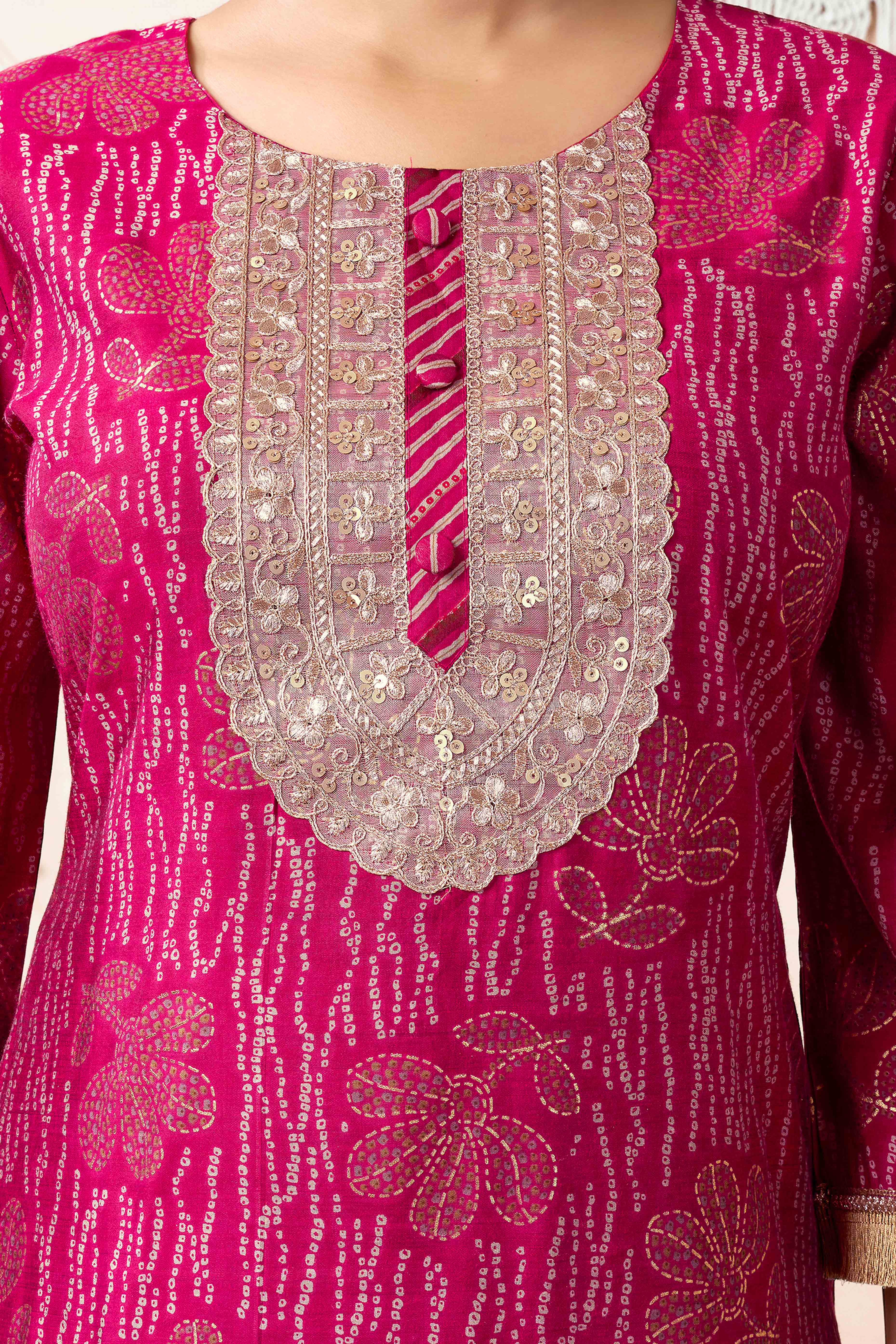 Pink Floral Foil Printed Chanderi Silk Straight Salwar Suit