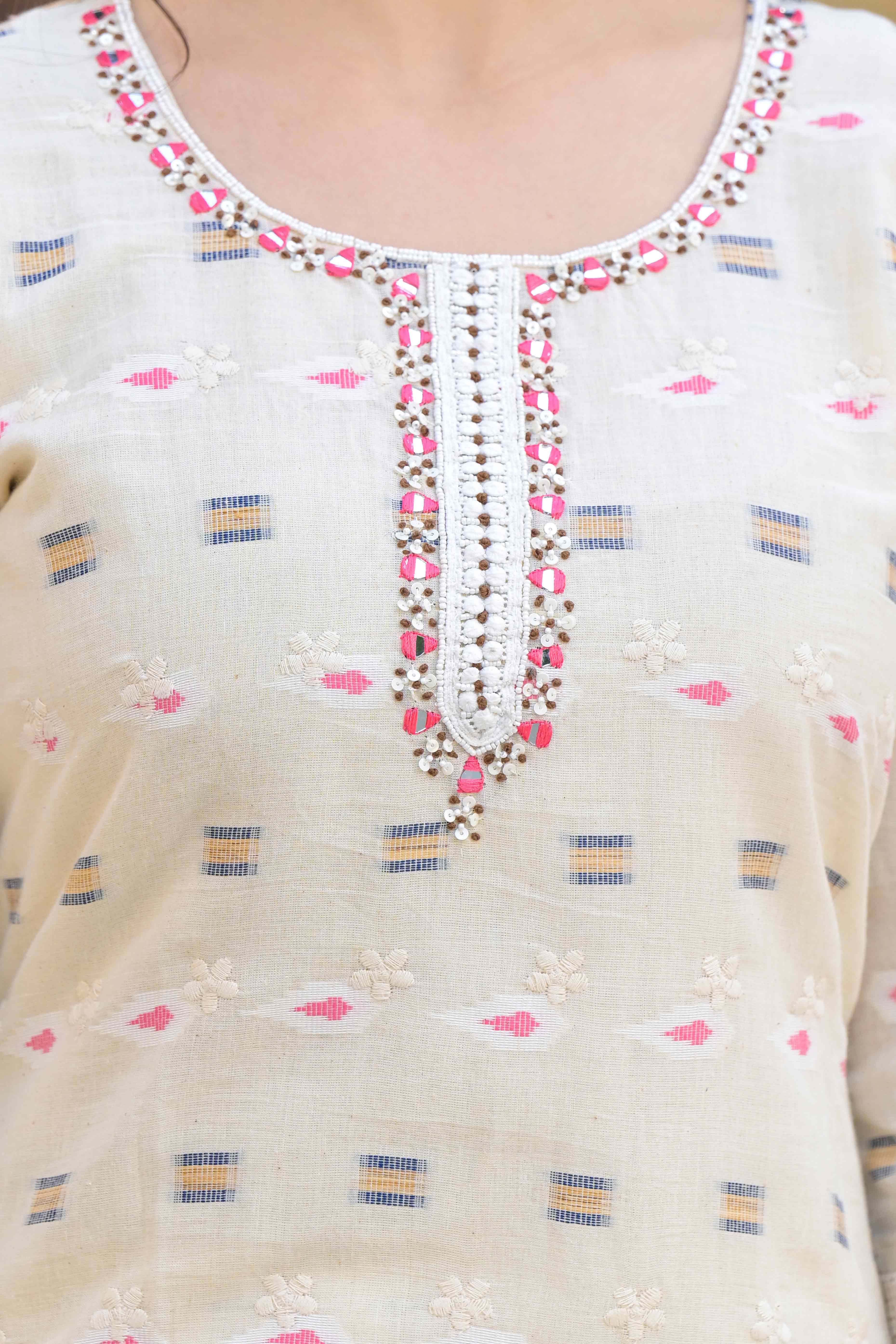 Off White Schiffli Work Embroidered Pure Cotton Salwar Suit