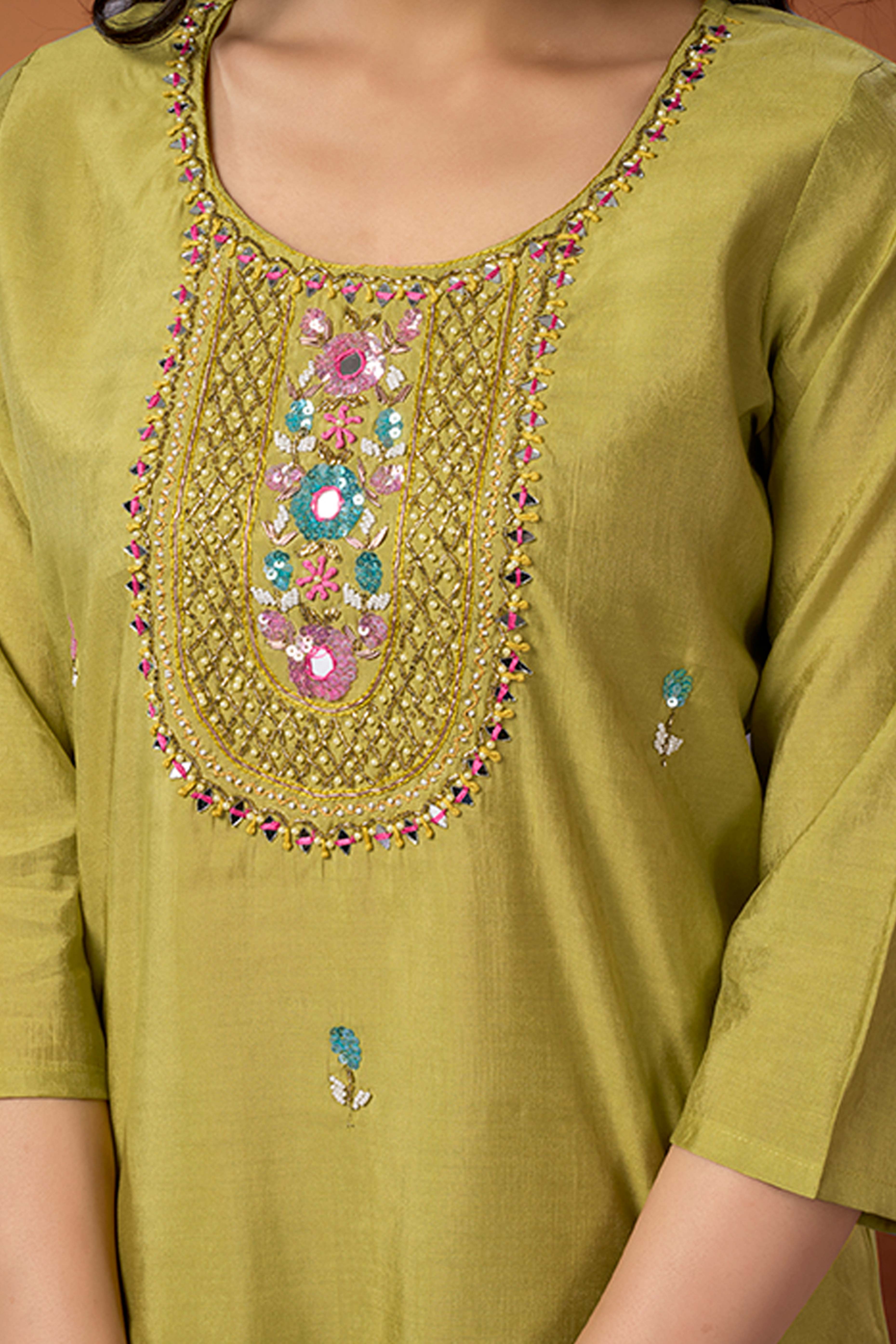 Lime Green Beads Work Embroidered Shimmer Straight Salwar Suit
