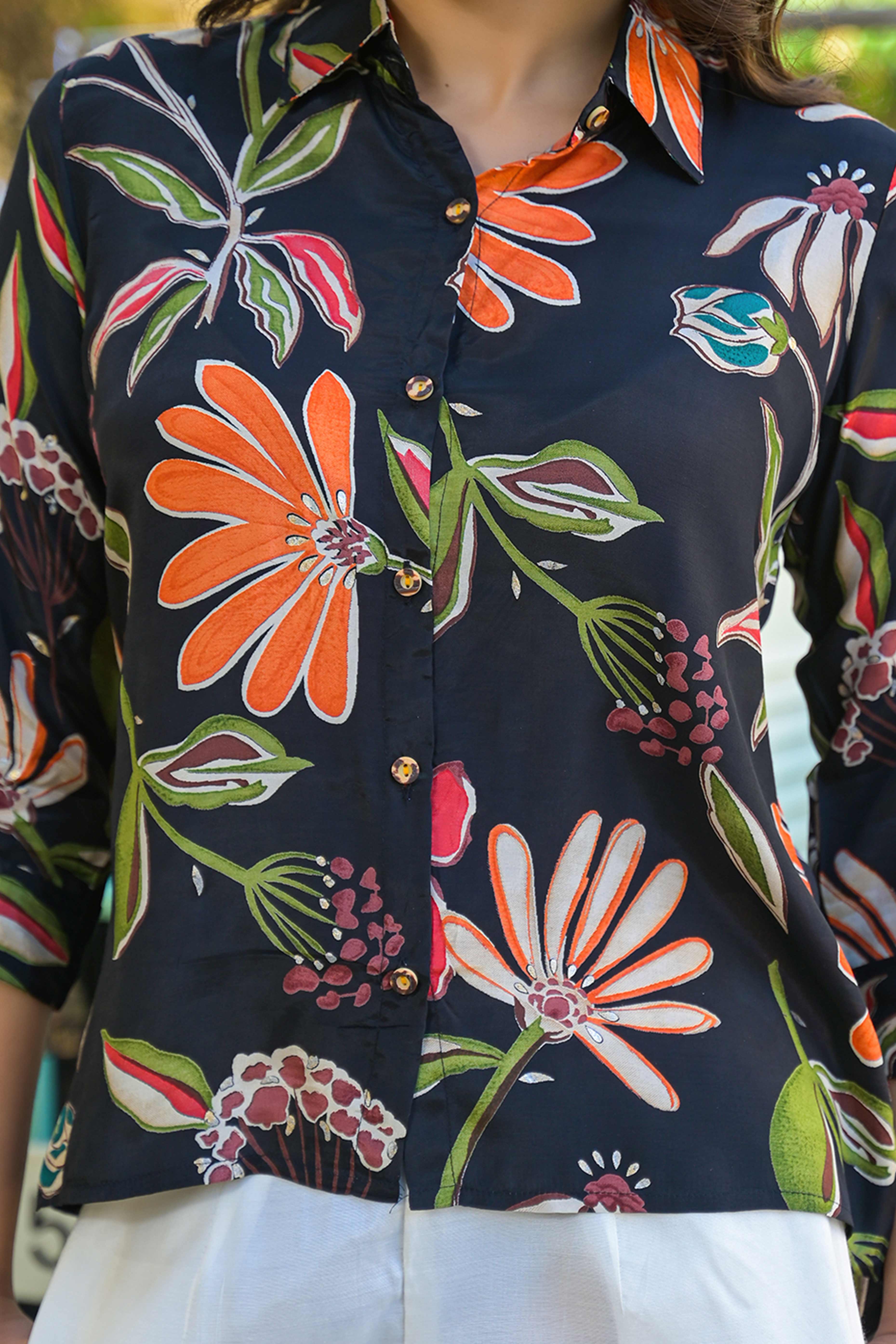 Black Floral Printed Muslin Top