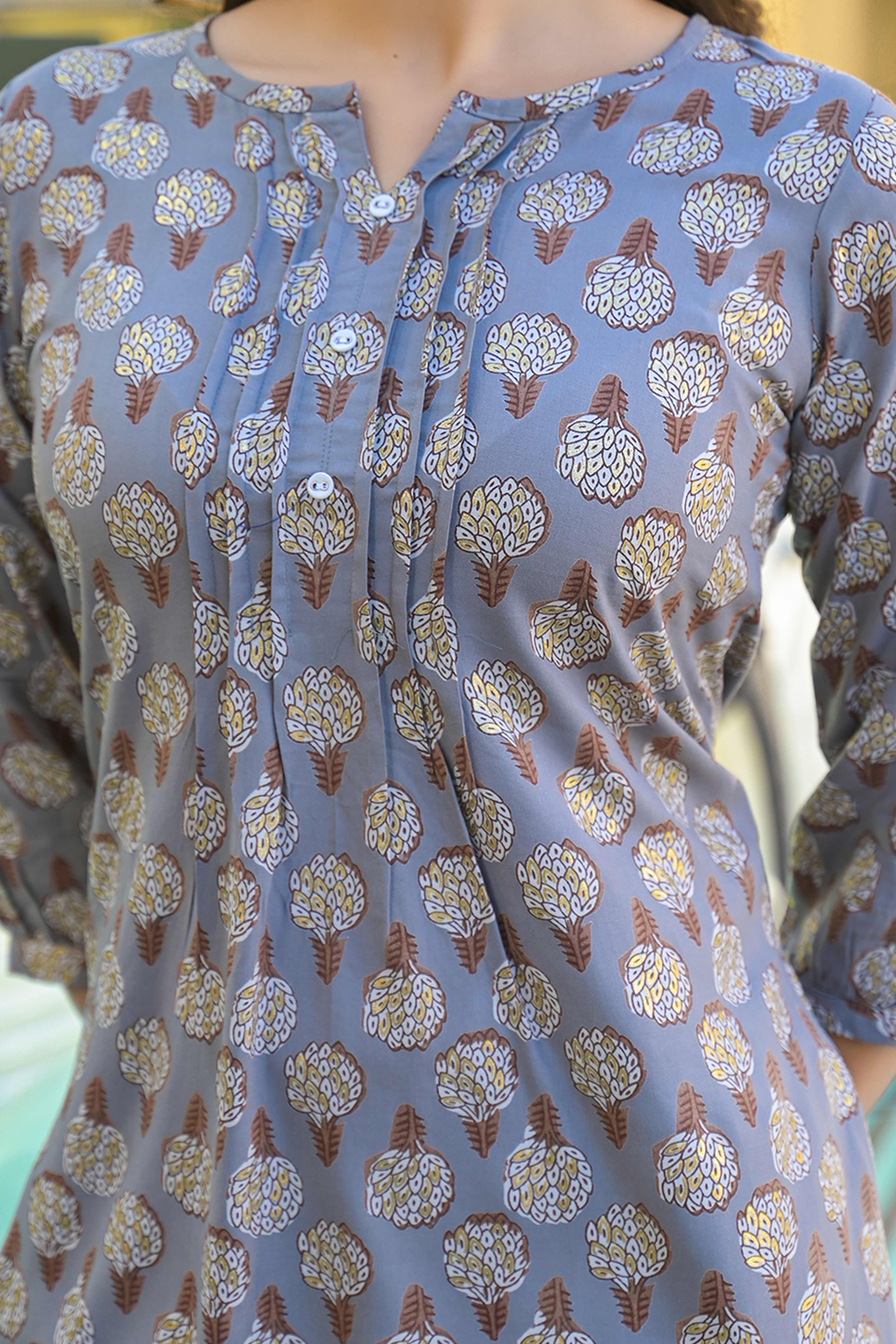 Grey Floral Printed Rayon Straight Top