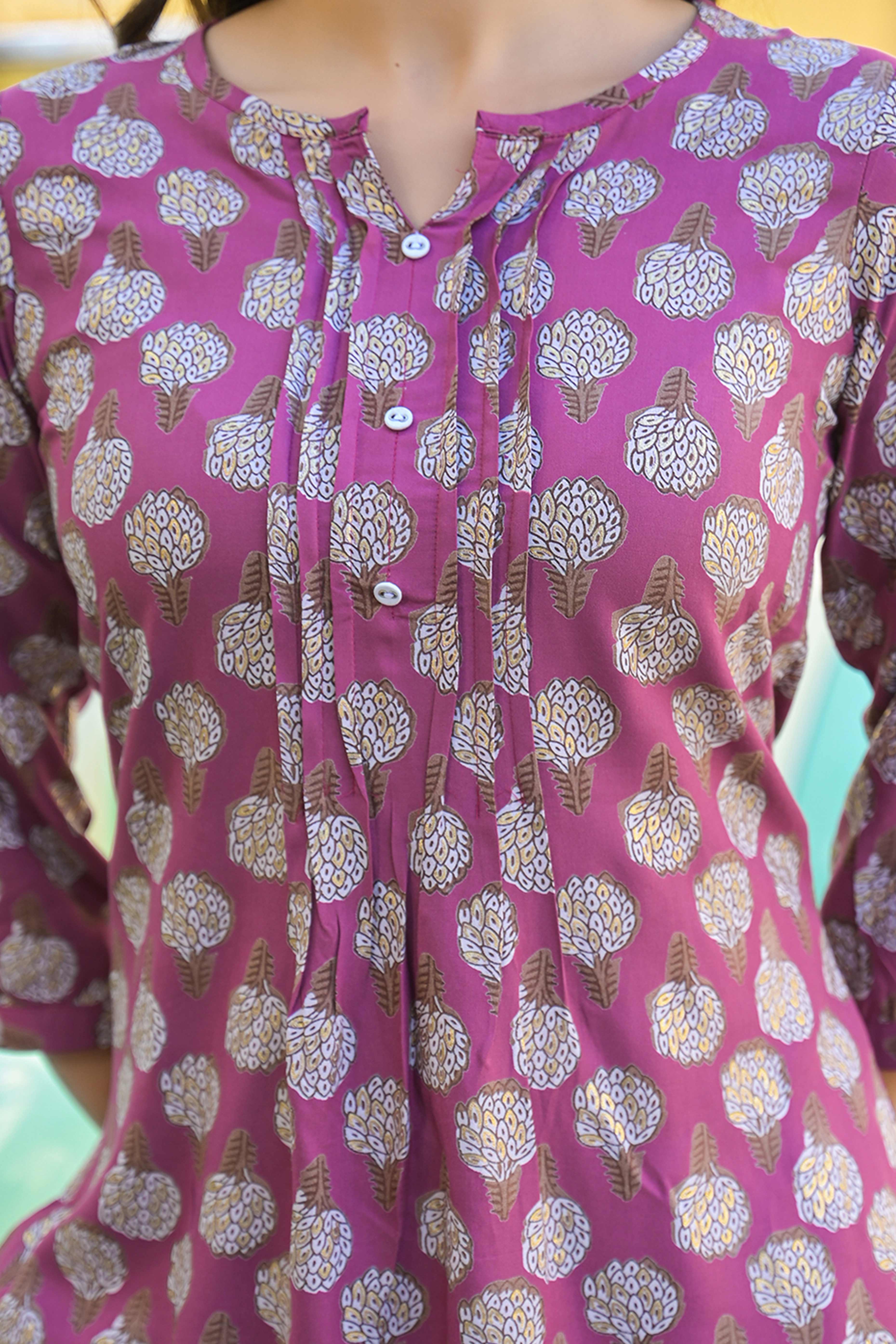 Purple Floral Printed Rayon Straight Top