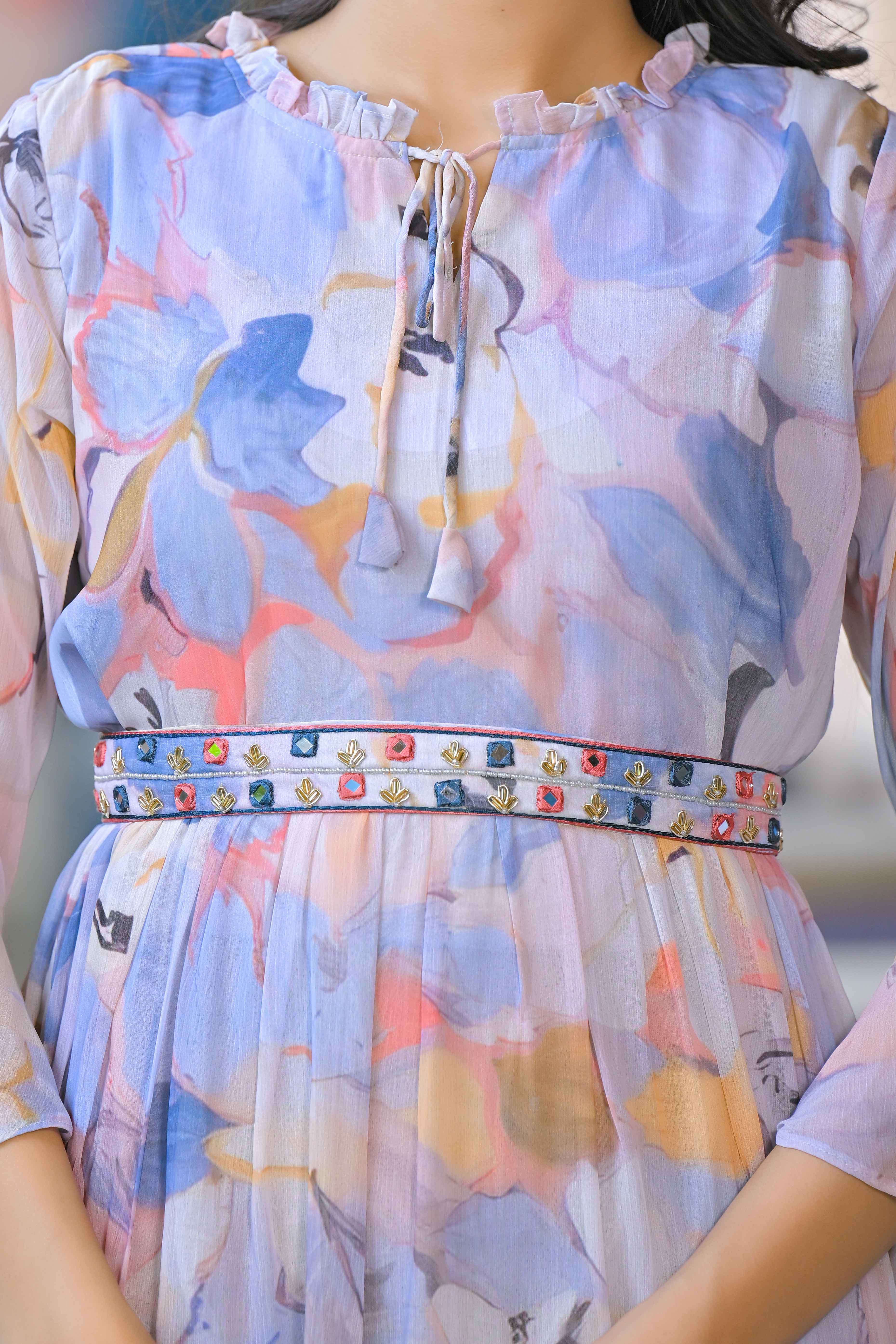 Multicolor Floral Printed Chiffon Maxi Dress With Waist Belt