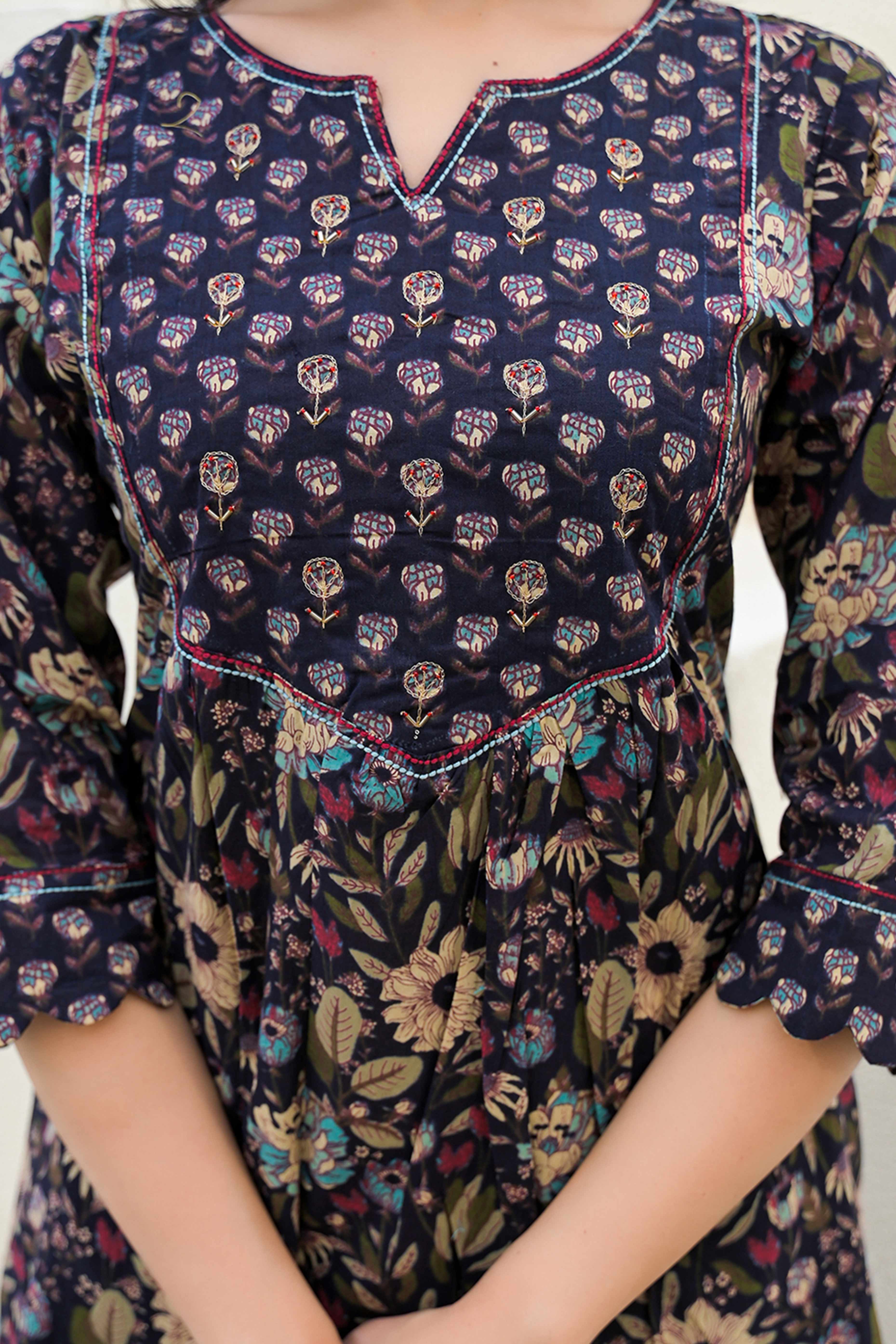 A-Line Style Black Cotton Salwar Suit with Blooming Floral Prints