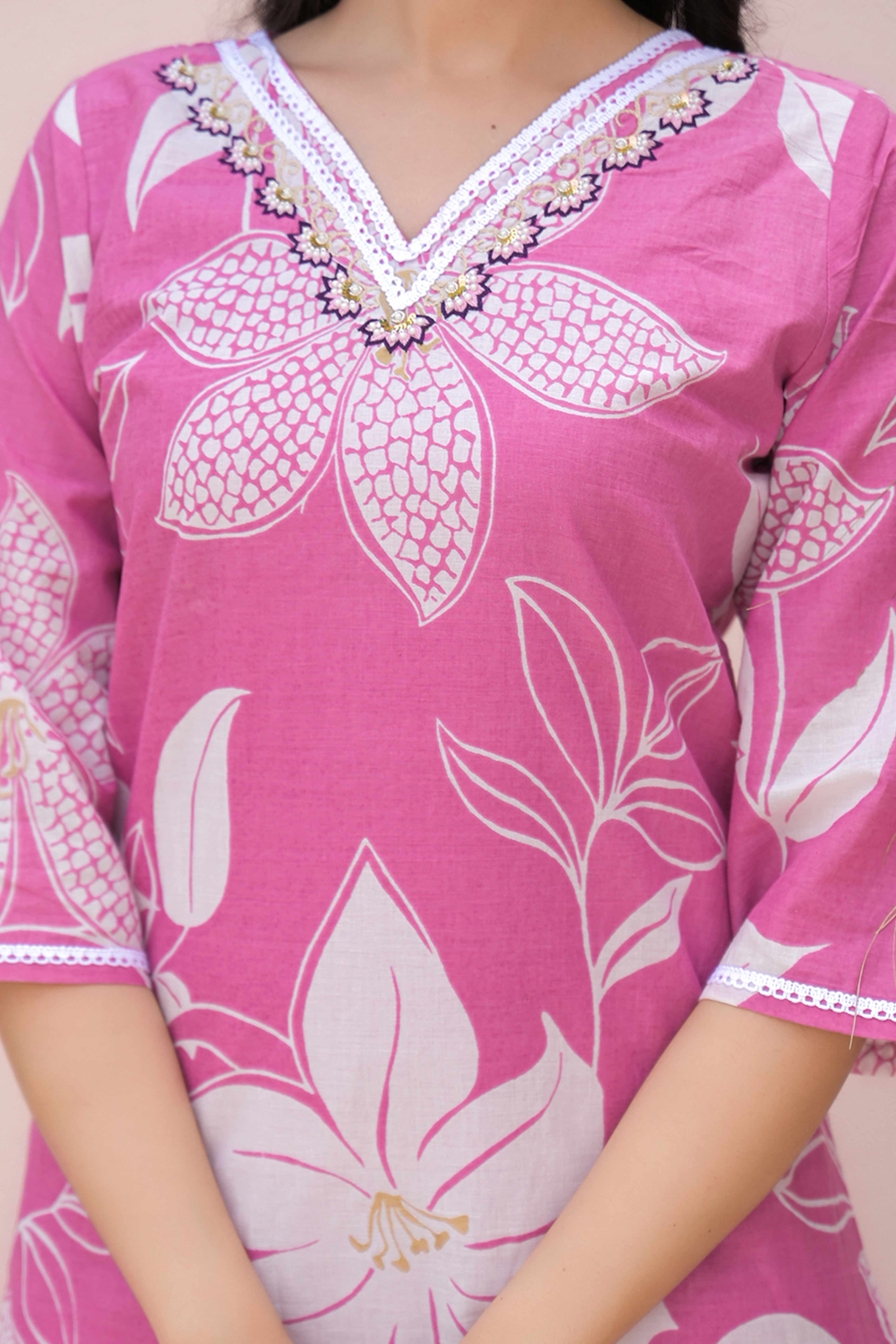 Pink Straight Fit Co-Ord Set with Subtle Floral Prints in Soft Cotton Fabric