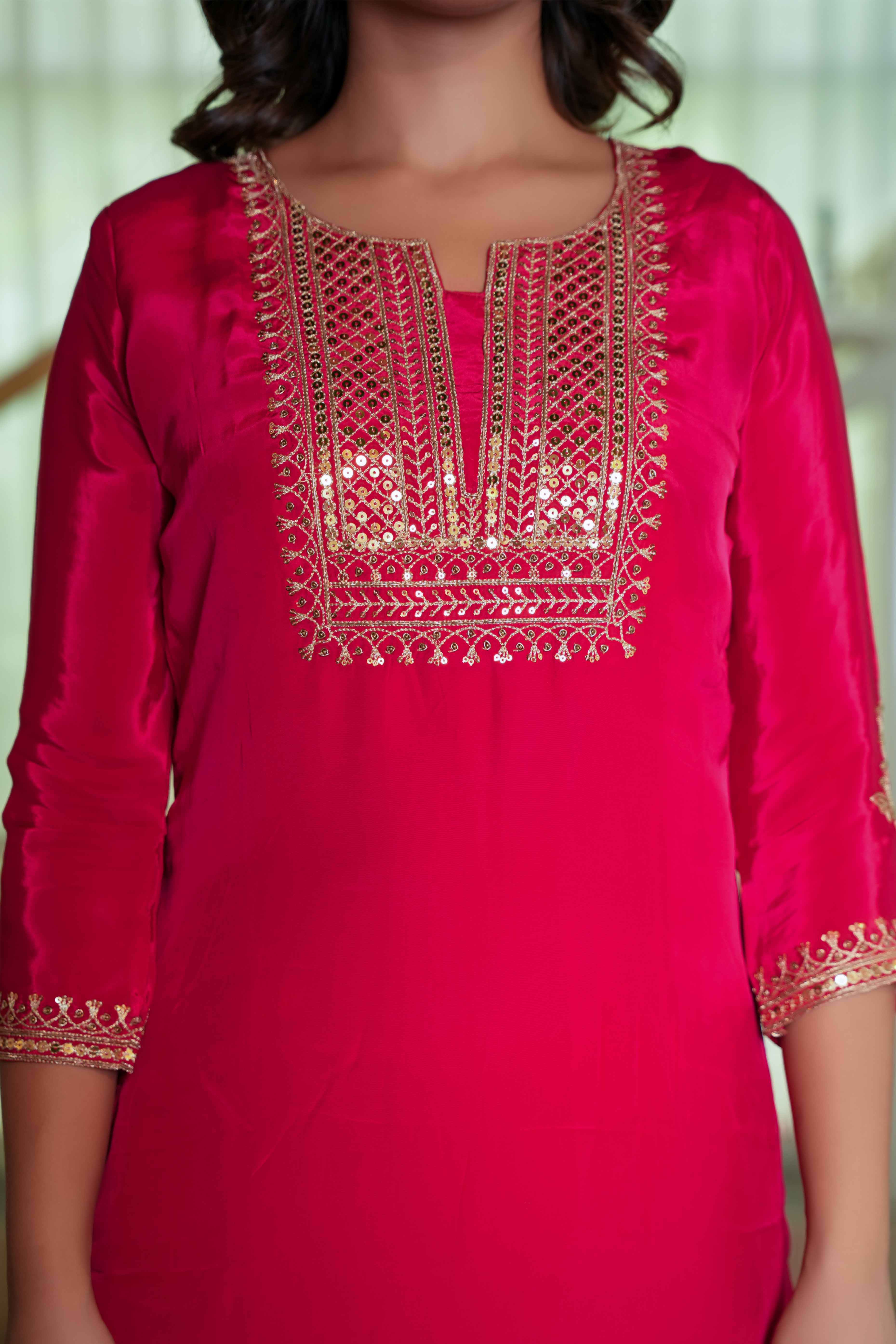 Glamorous Red Crepe Straight Suit with Intricate Sequin Embroidery