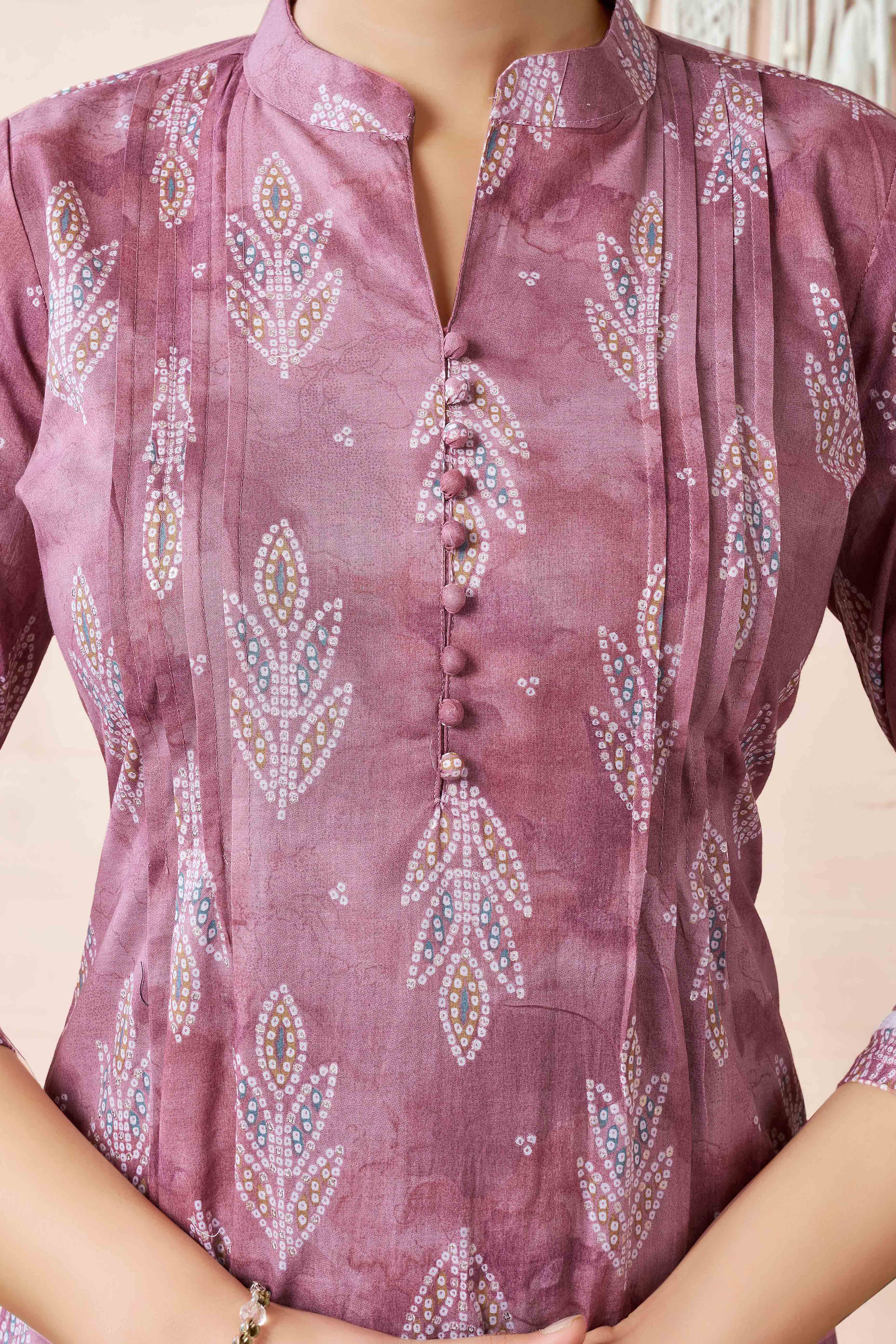 Mauve Floral Foil Printed Cambric Cotton Kurti Palazzo Set