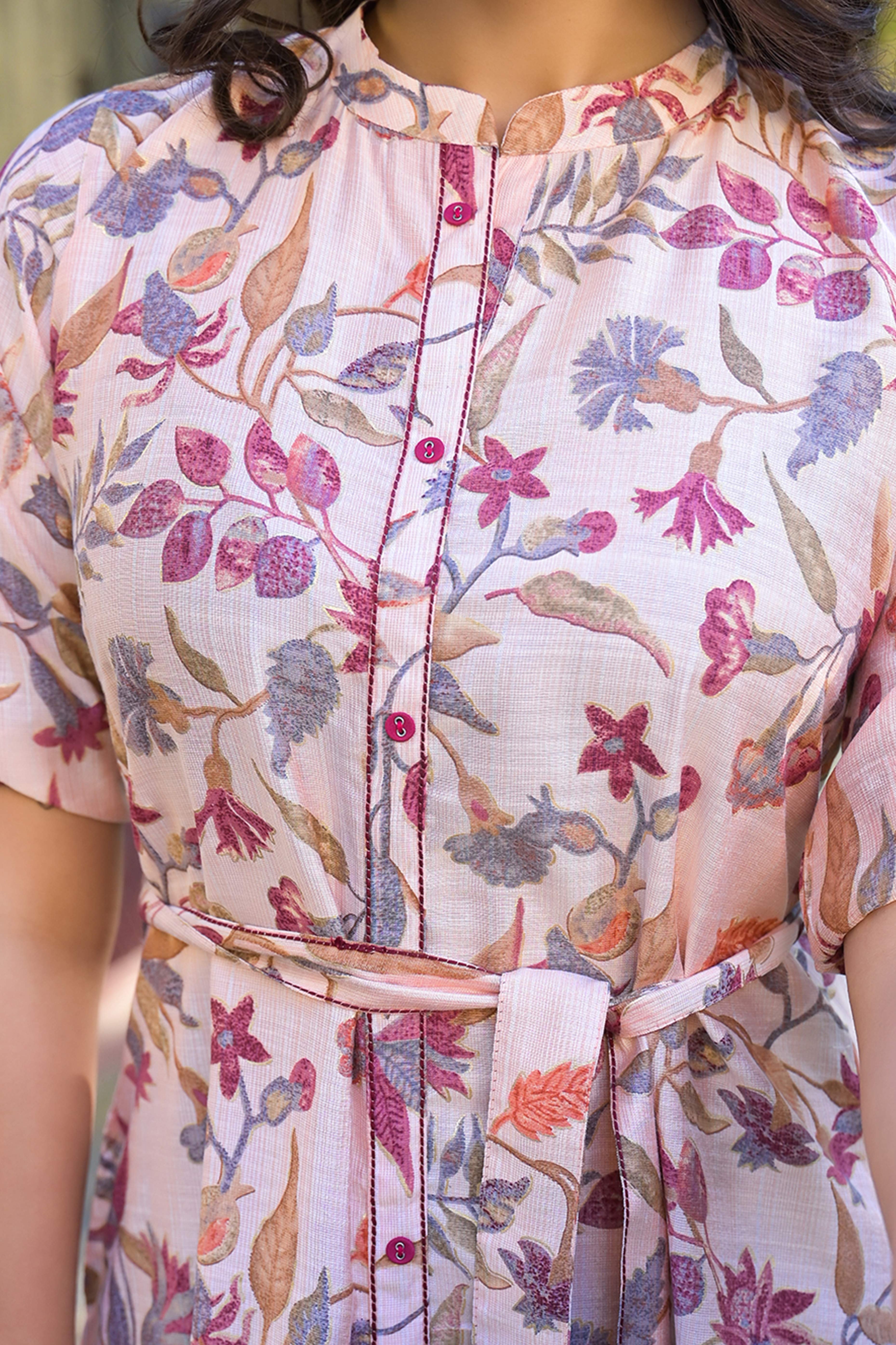 Peach Floral Printed Pure Cotton Front Split Kurti