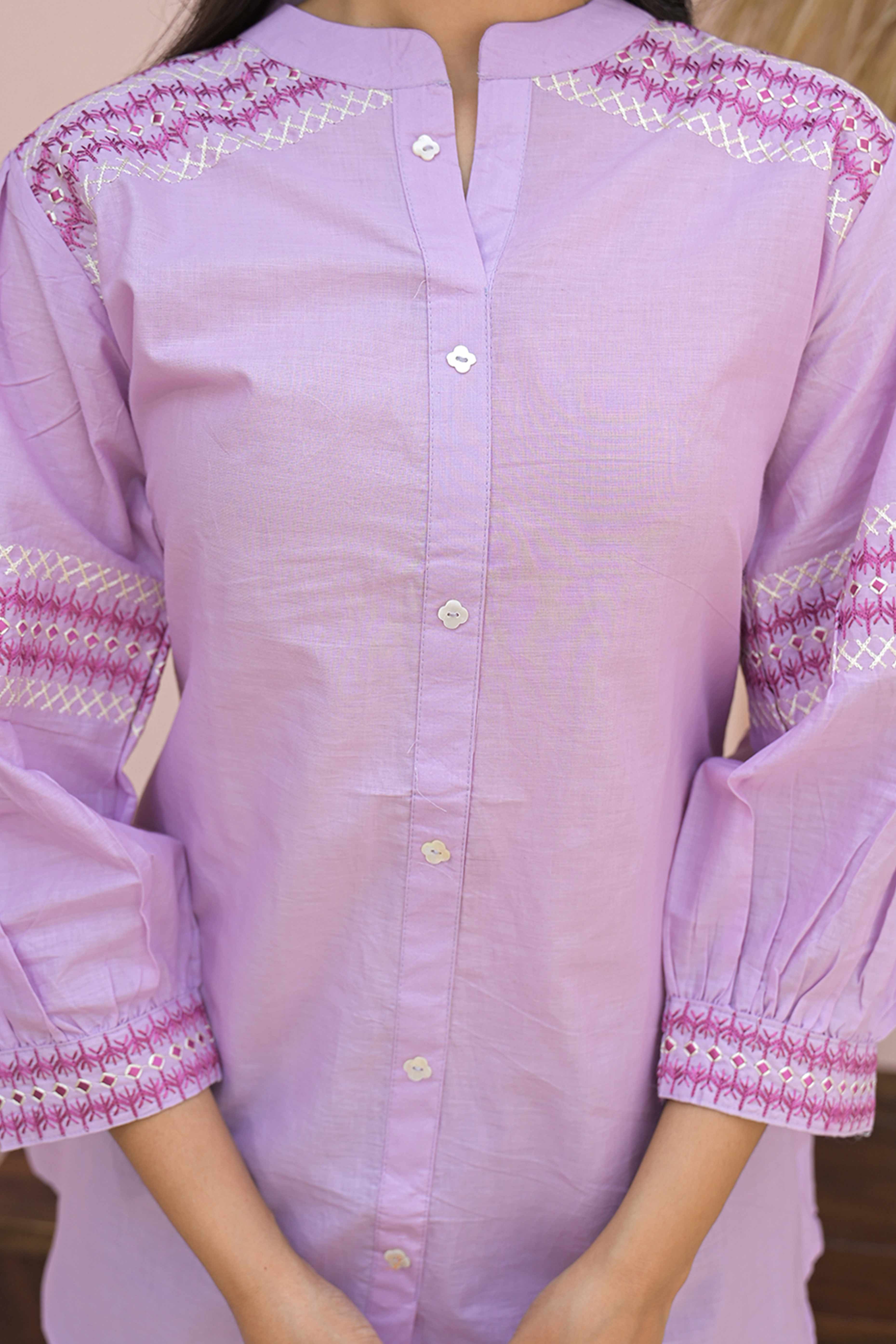 Lavender Straight Top in Cotton with Delicate Embroidered Highlights