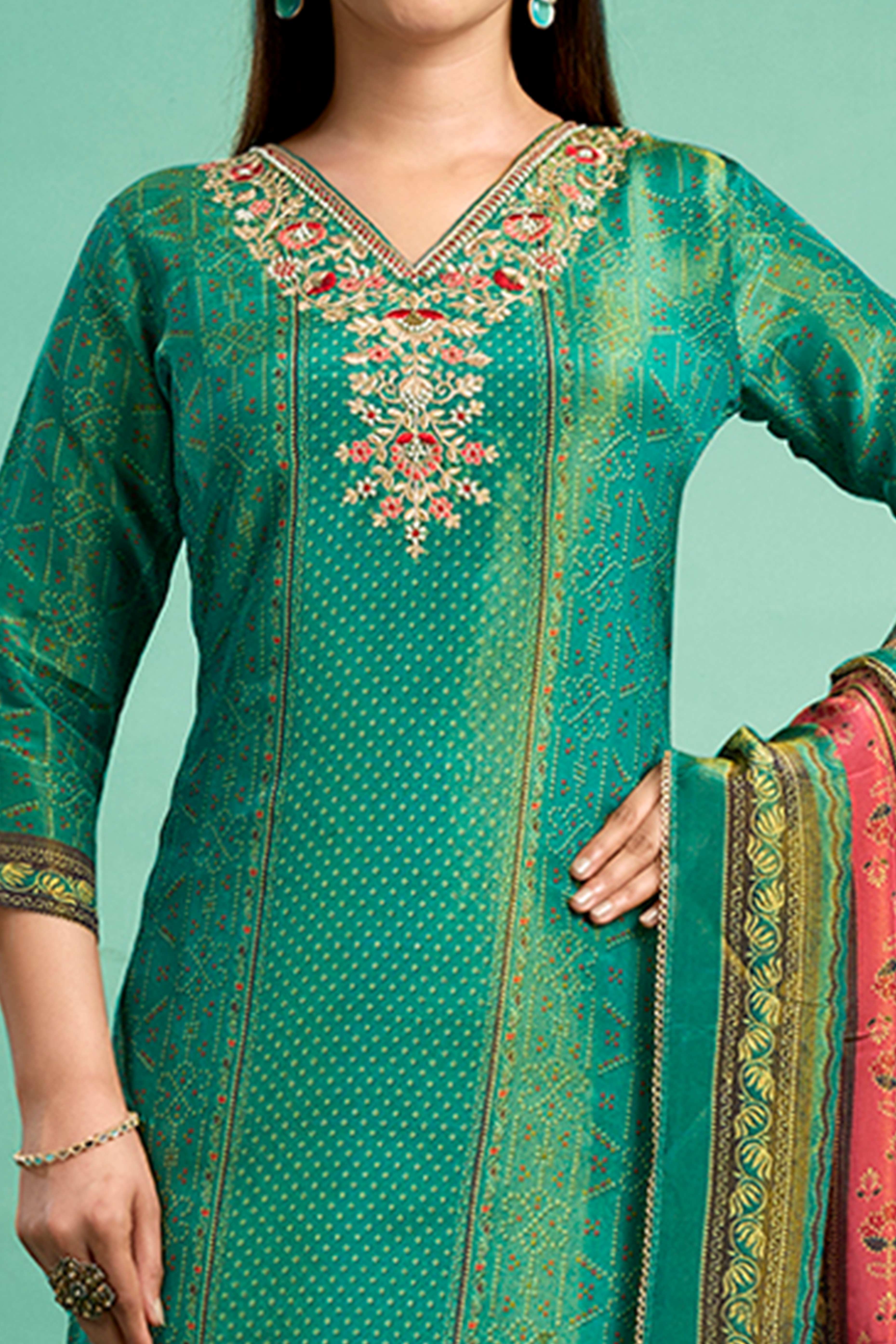 Bottle Green Bandhani Printed With Embroidery Work Pure Viscose Salwar Suit