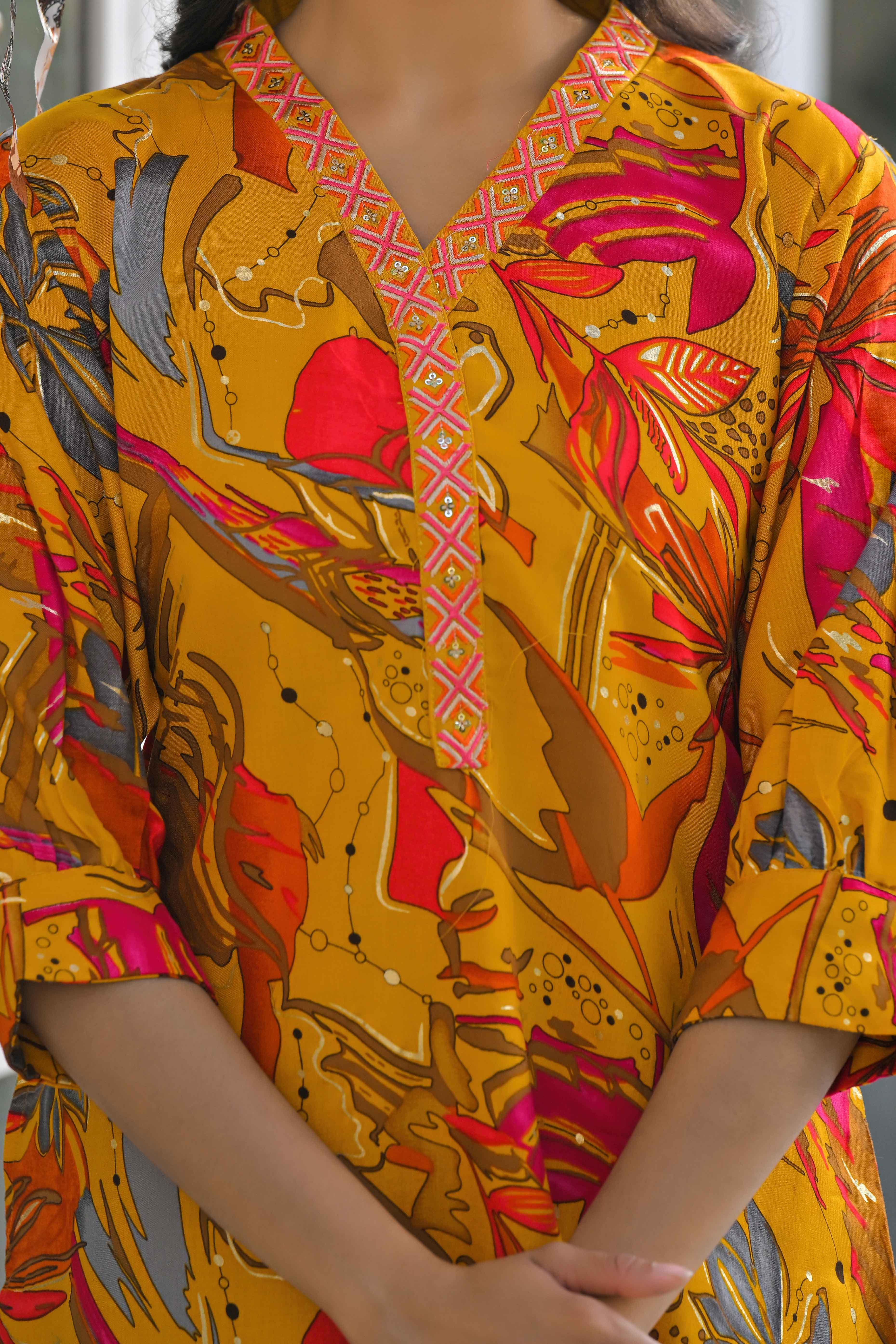 Mustard Floral Printed Rayon A-Line Co-Ord Set