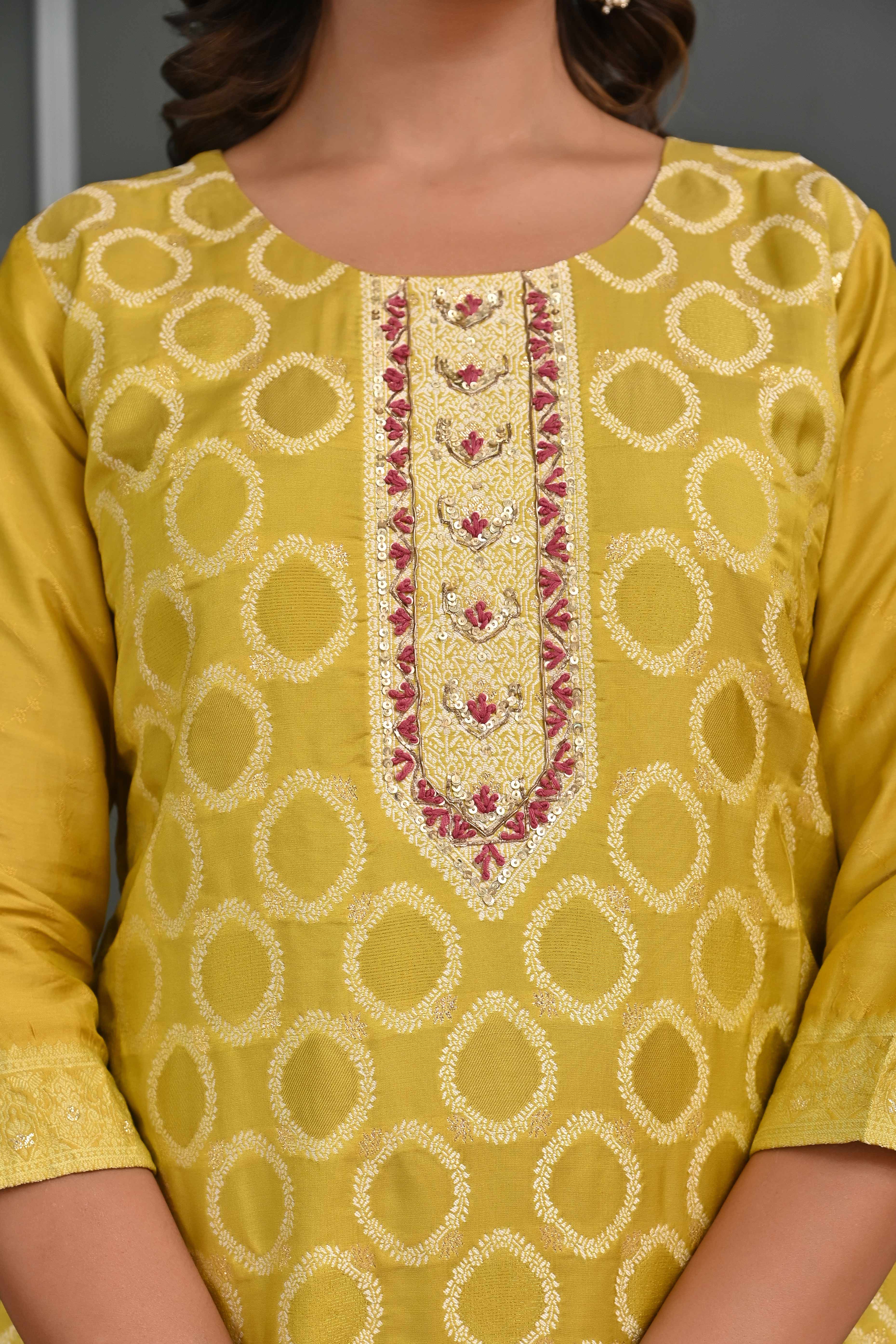 Vibrant Mustard Zari Weaving Cotton Silk Sharara Suit Ensemble