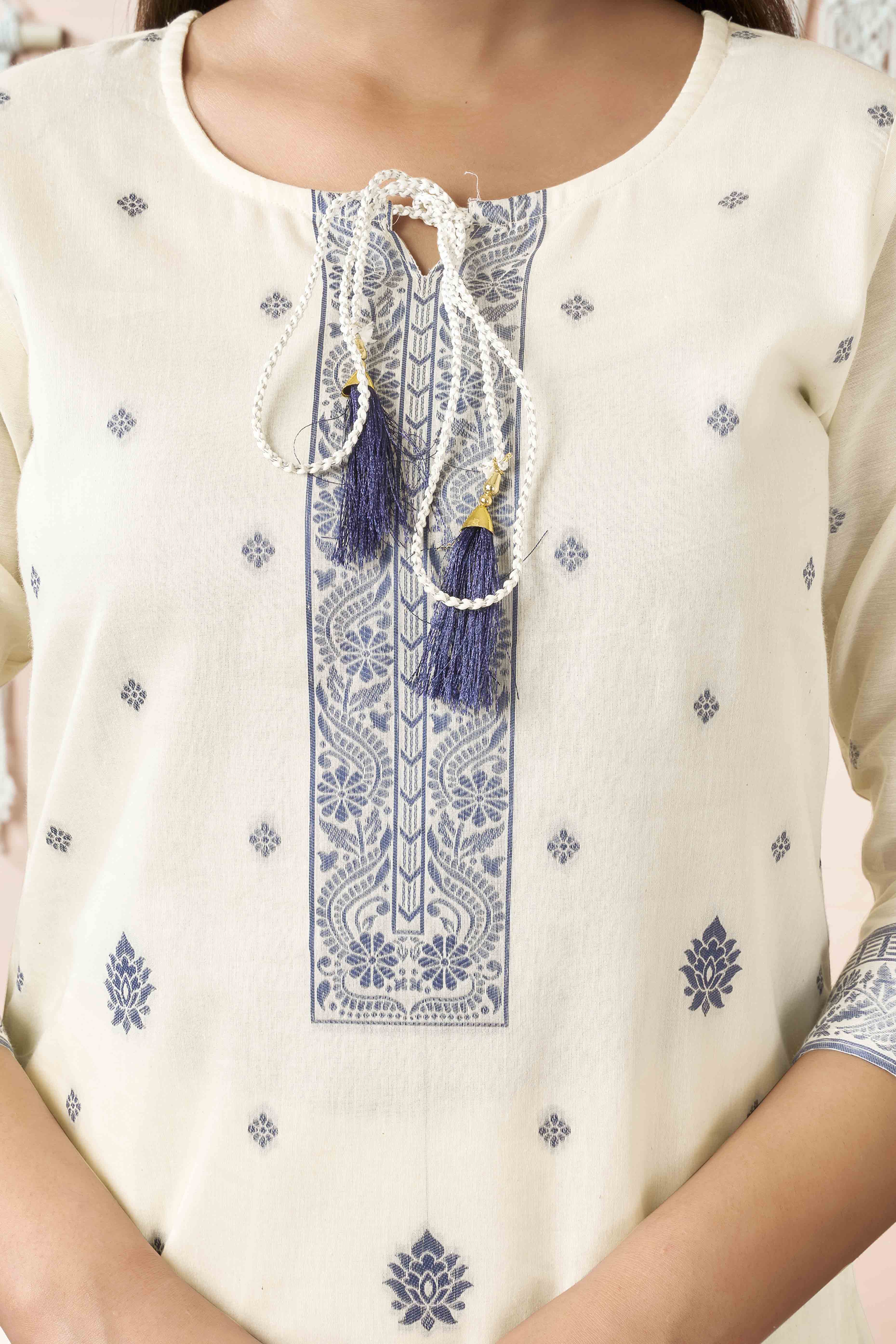 Off White & Blue Jacquard Weaving Pure Cotton StraigHT Salwar Suit