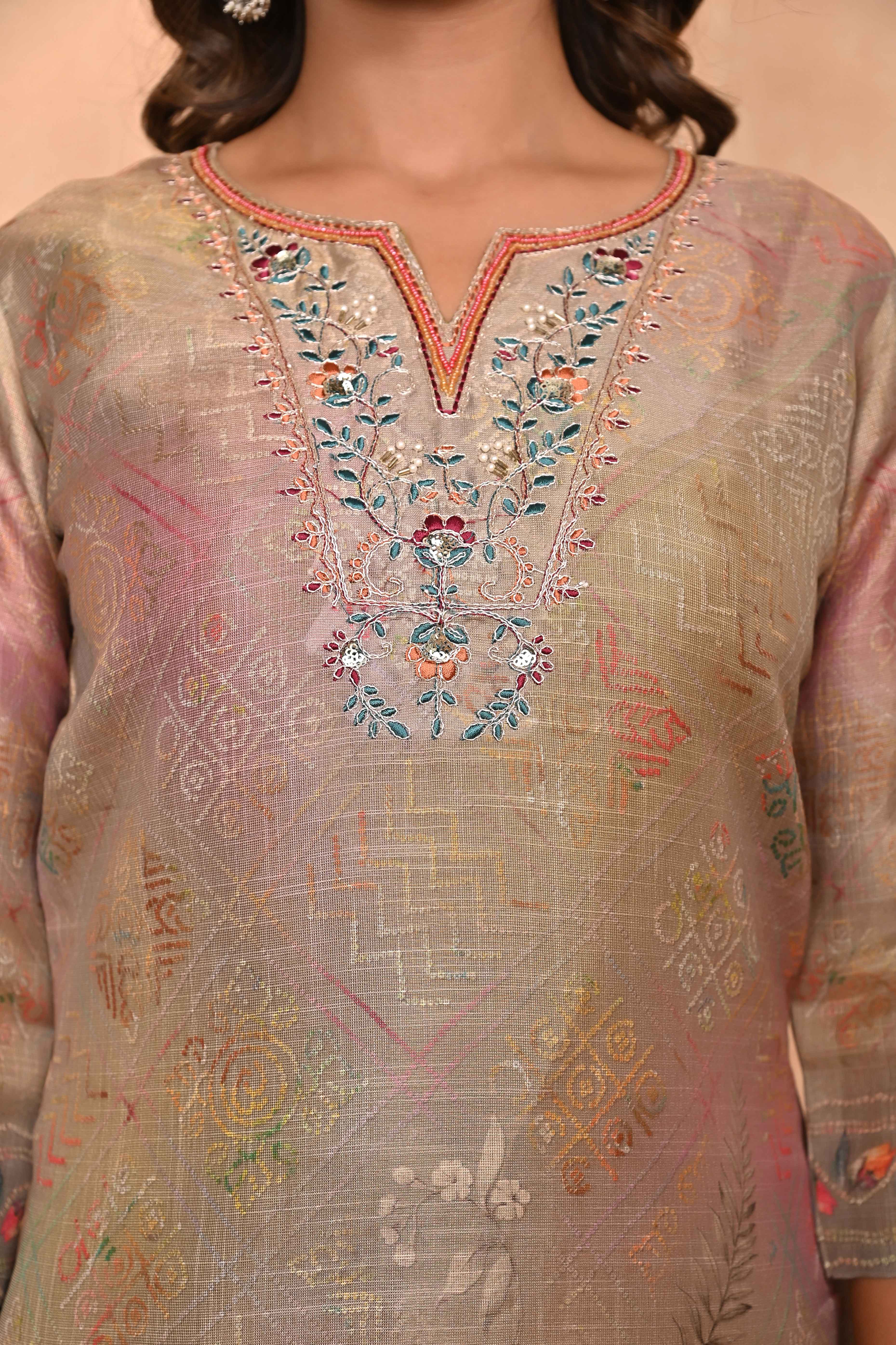 Stylish Olive Straight Cut Suit with Elegant Embroidery on Shimmer Linen