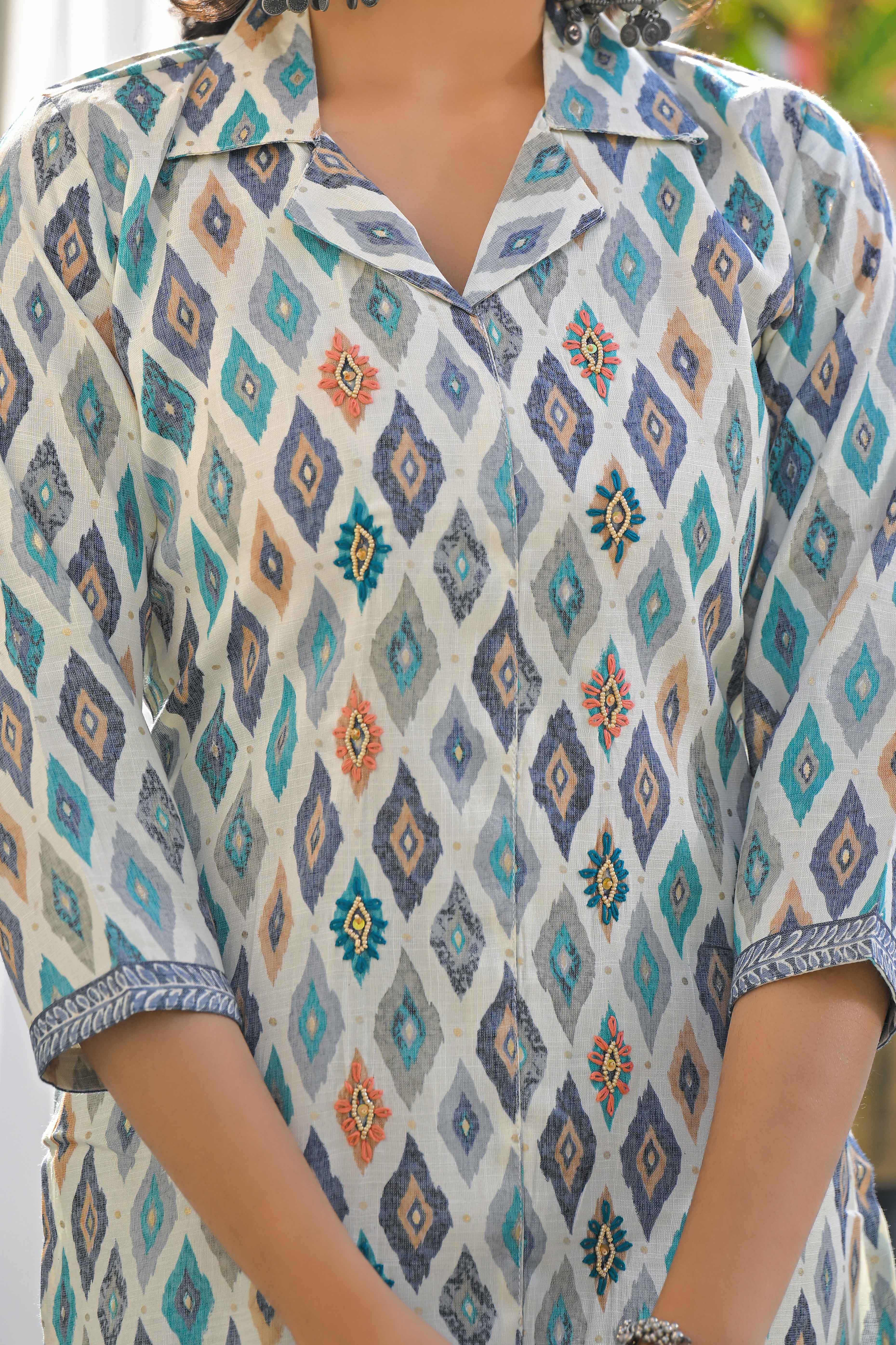 Off White & Blue Geometric Printed Rayon Straight Salwar Suit