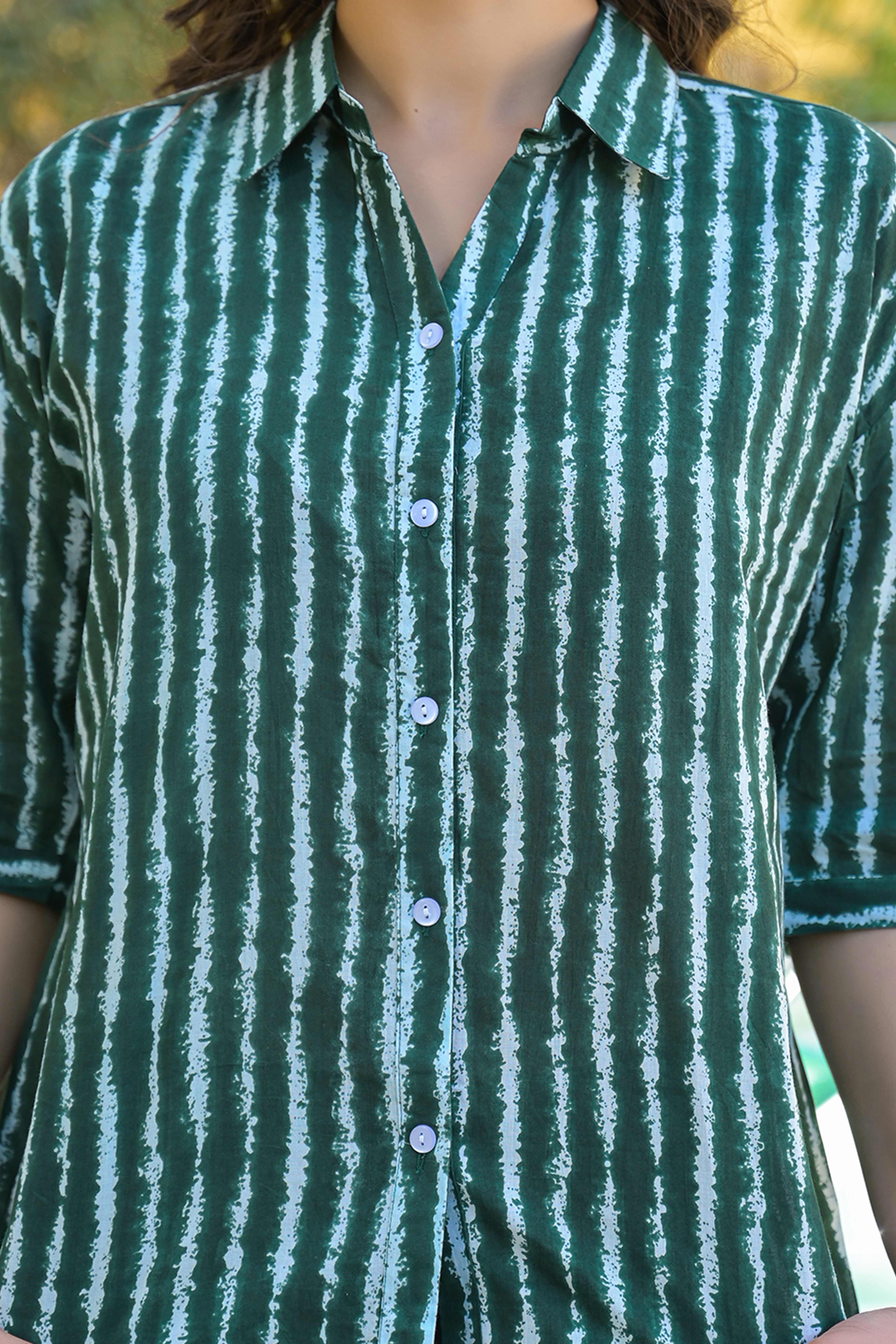 Green Striped Printed Pure Cotton Top