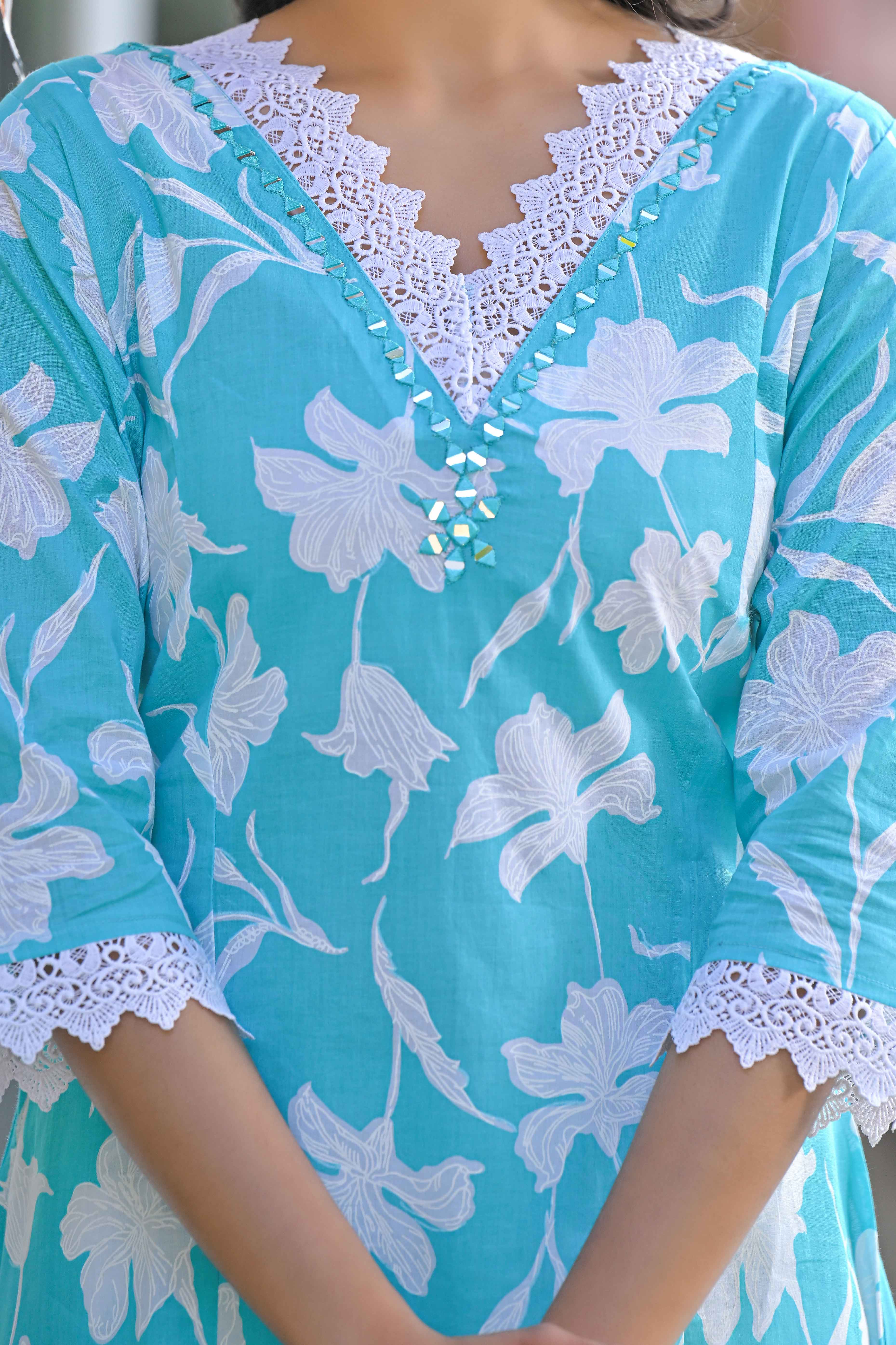 Sky Blue Floral Printed Pure Cotton A-Line Top Bottom Set