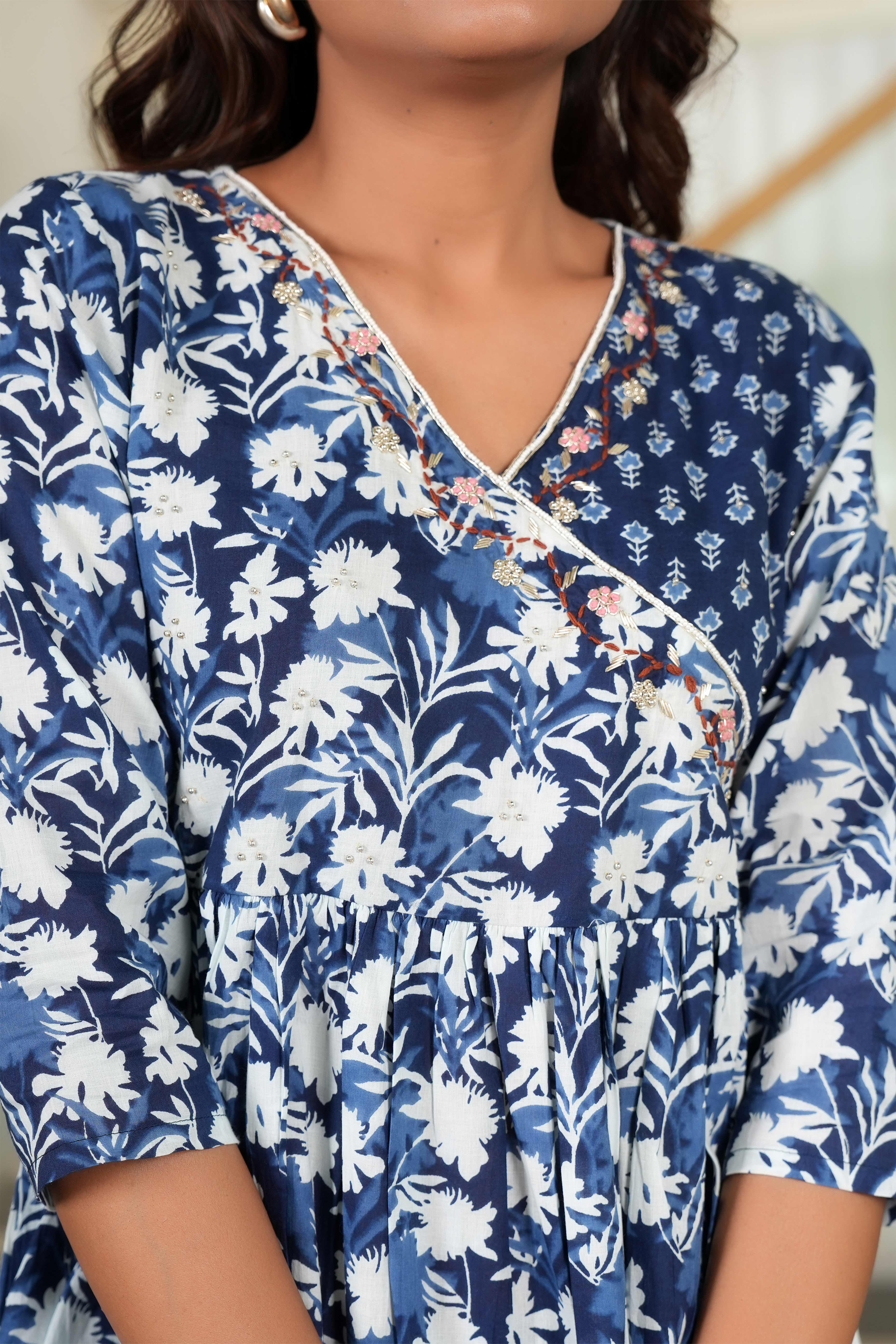 Dark Blue Anarkali Salwar Suit Featuring Floral Prints on Pure Cotton