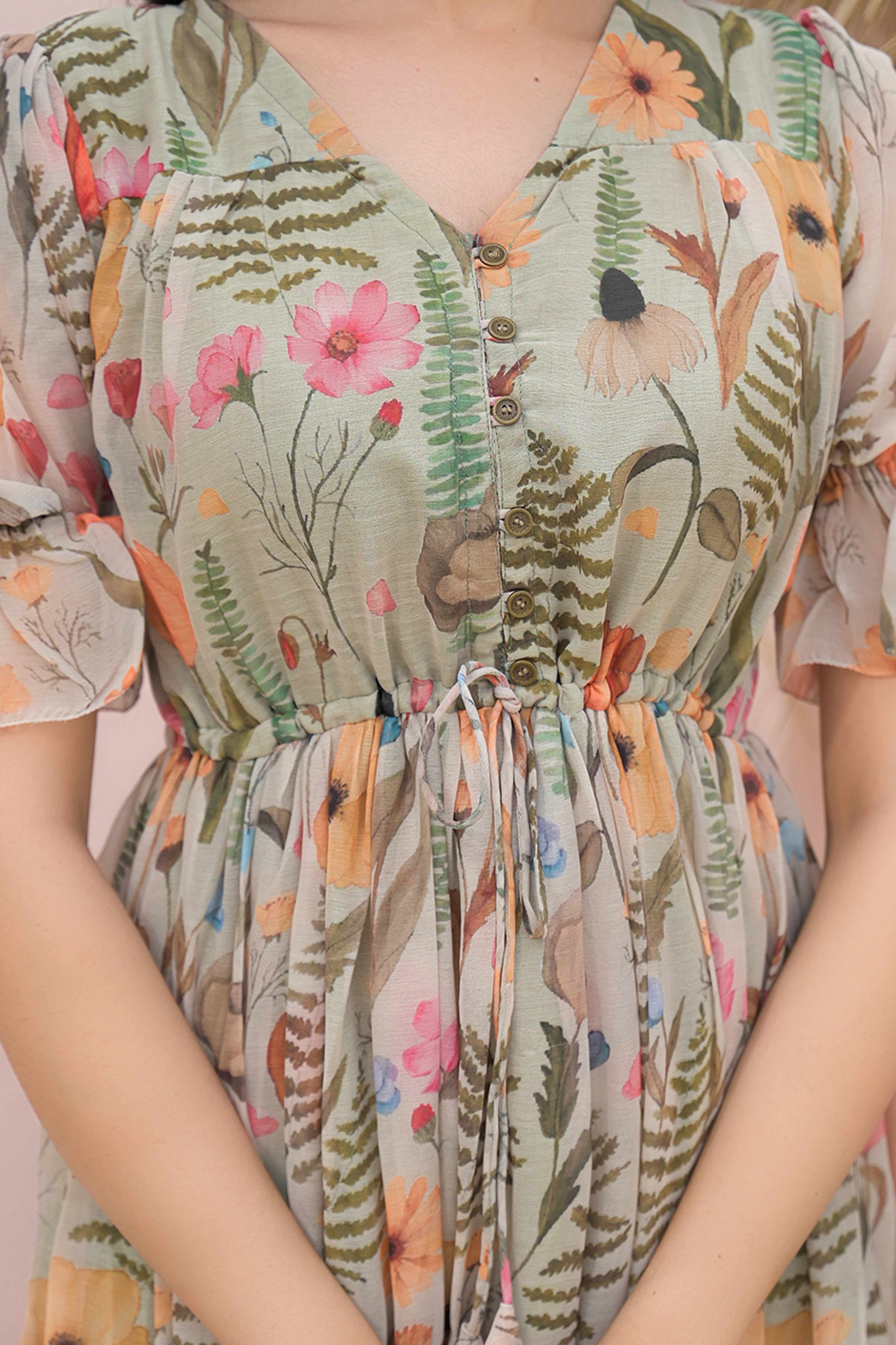 Romantic Pista Green Floral Print Maxi Dress in Sheer Chiffon