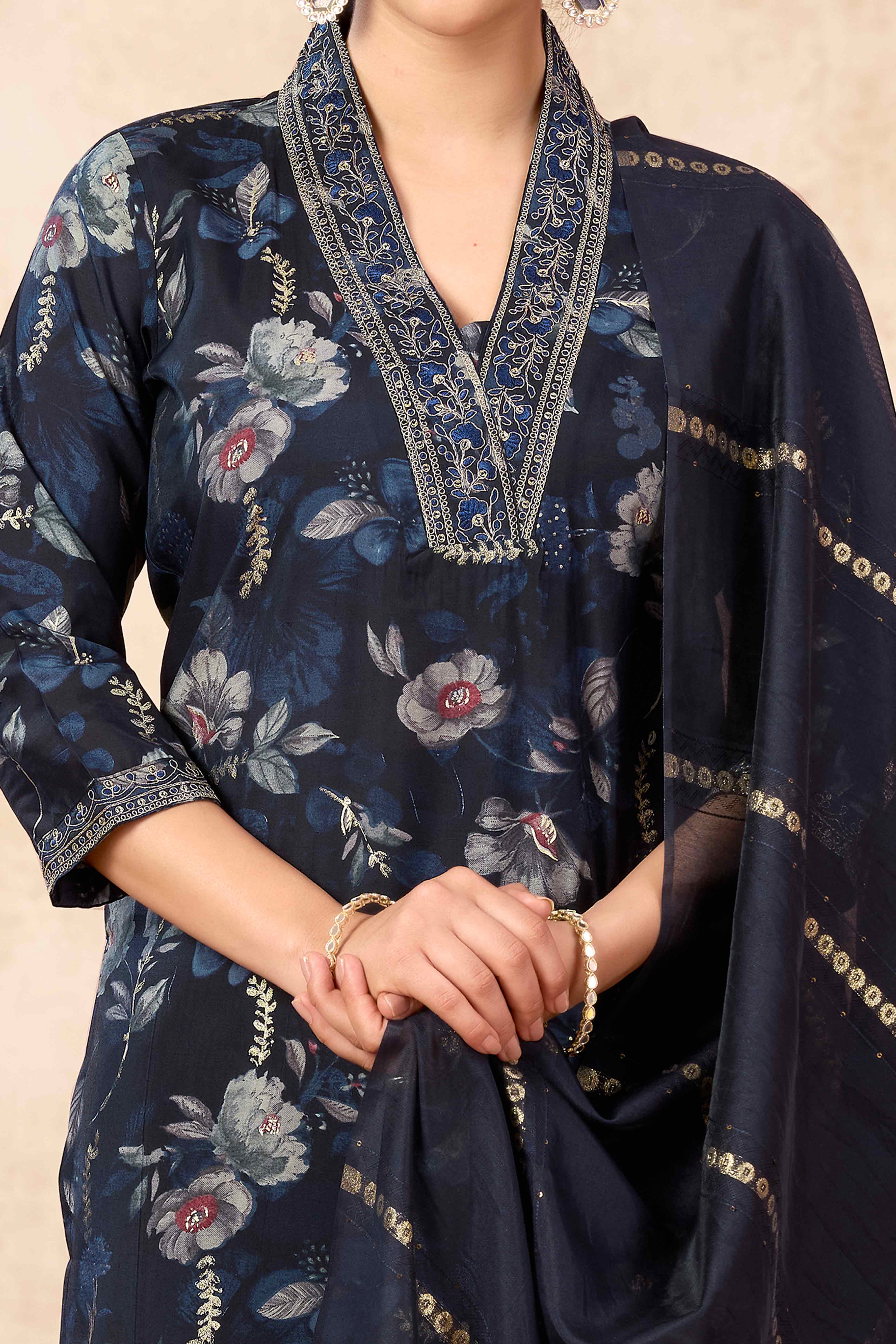 Black Floral Printed Cotton Silk Straight Salwar Suit