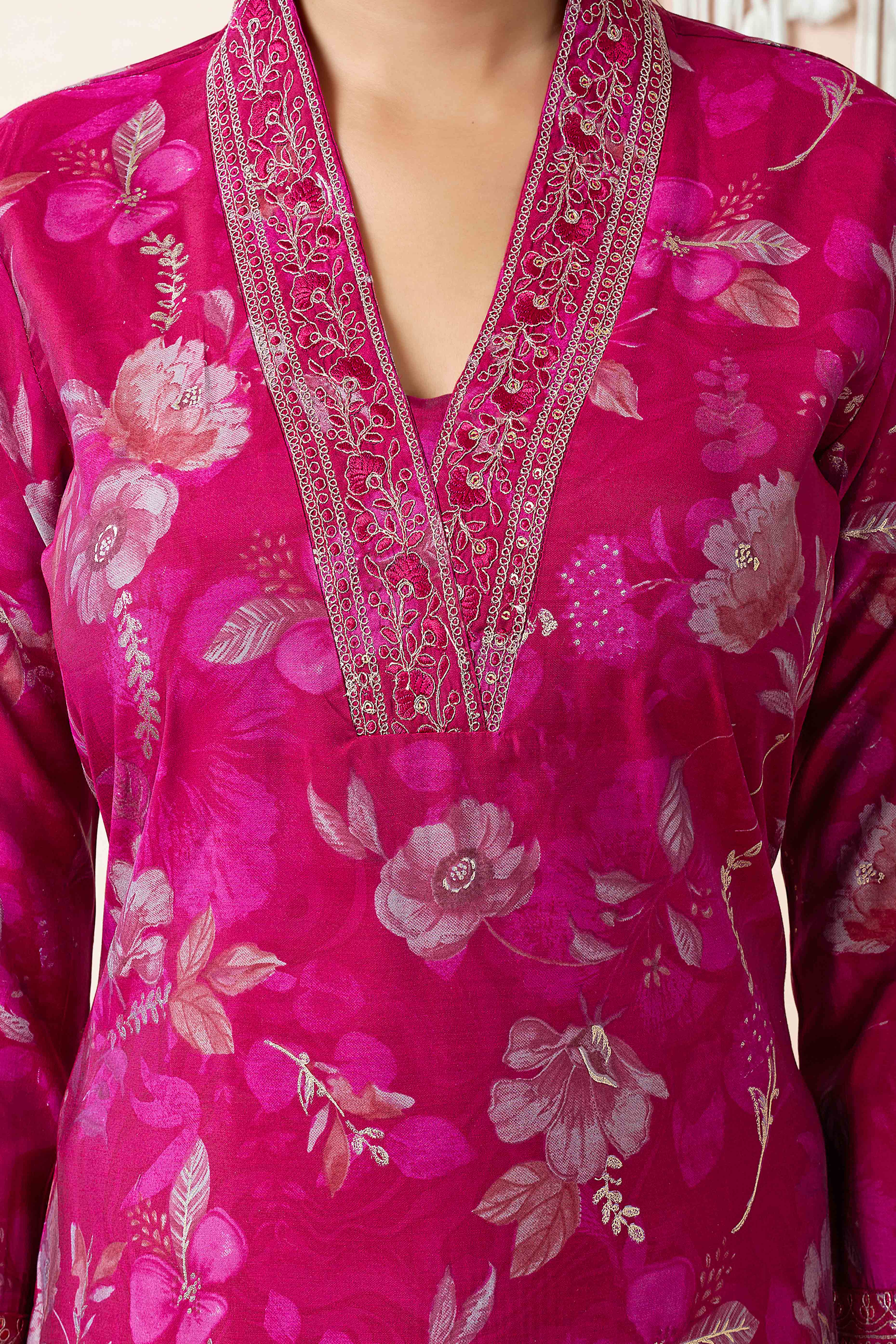 Pink Floral Foil Printed Cotton Silk Straight Salwar Suit
