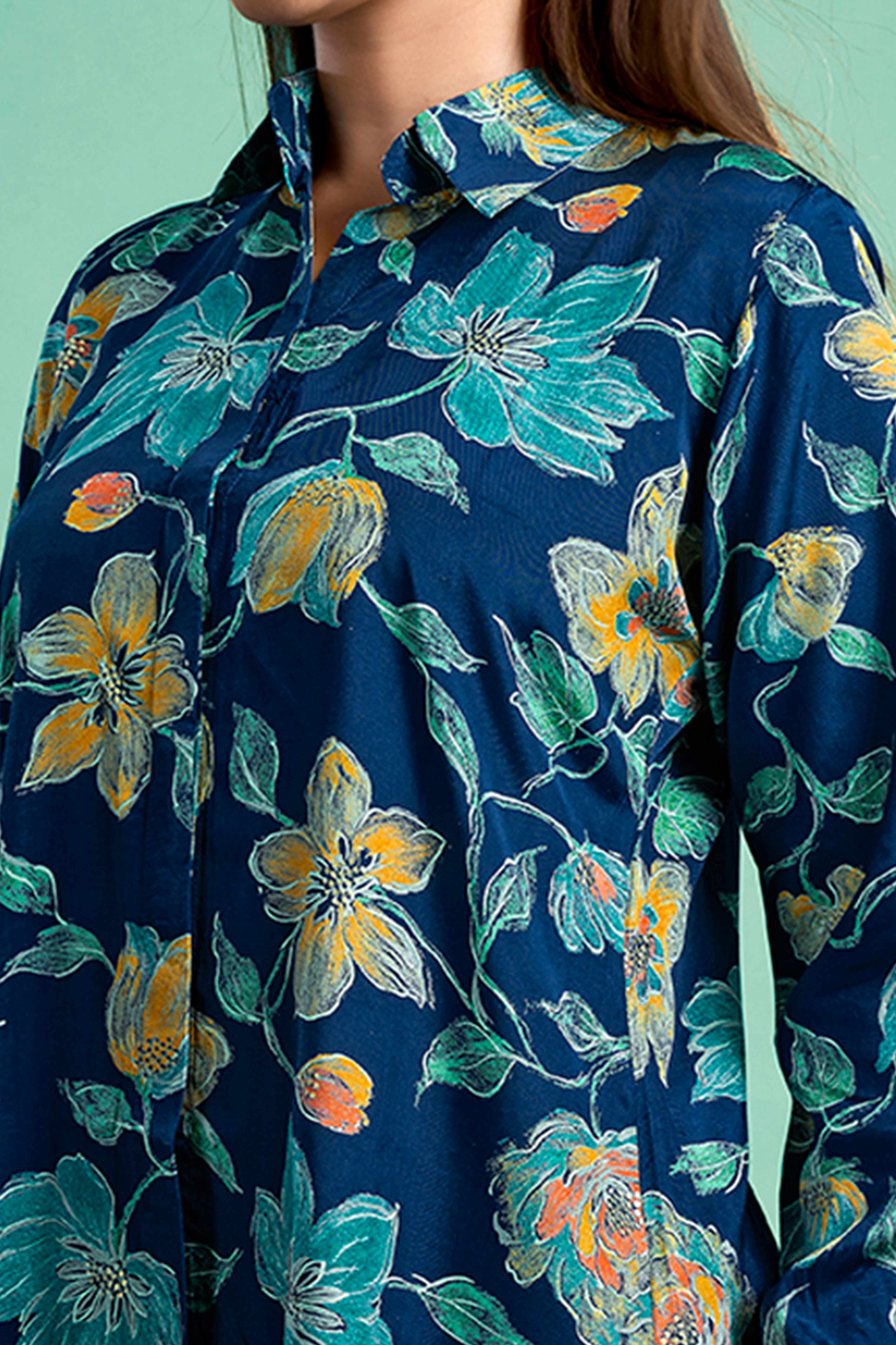 Morpich Blue Floral Printed Muslin Straight Top