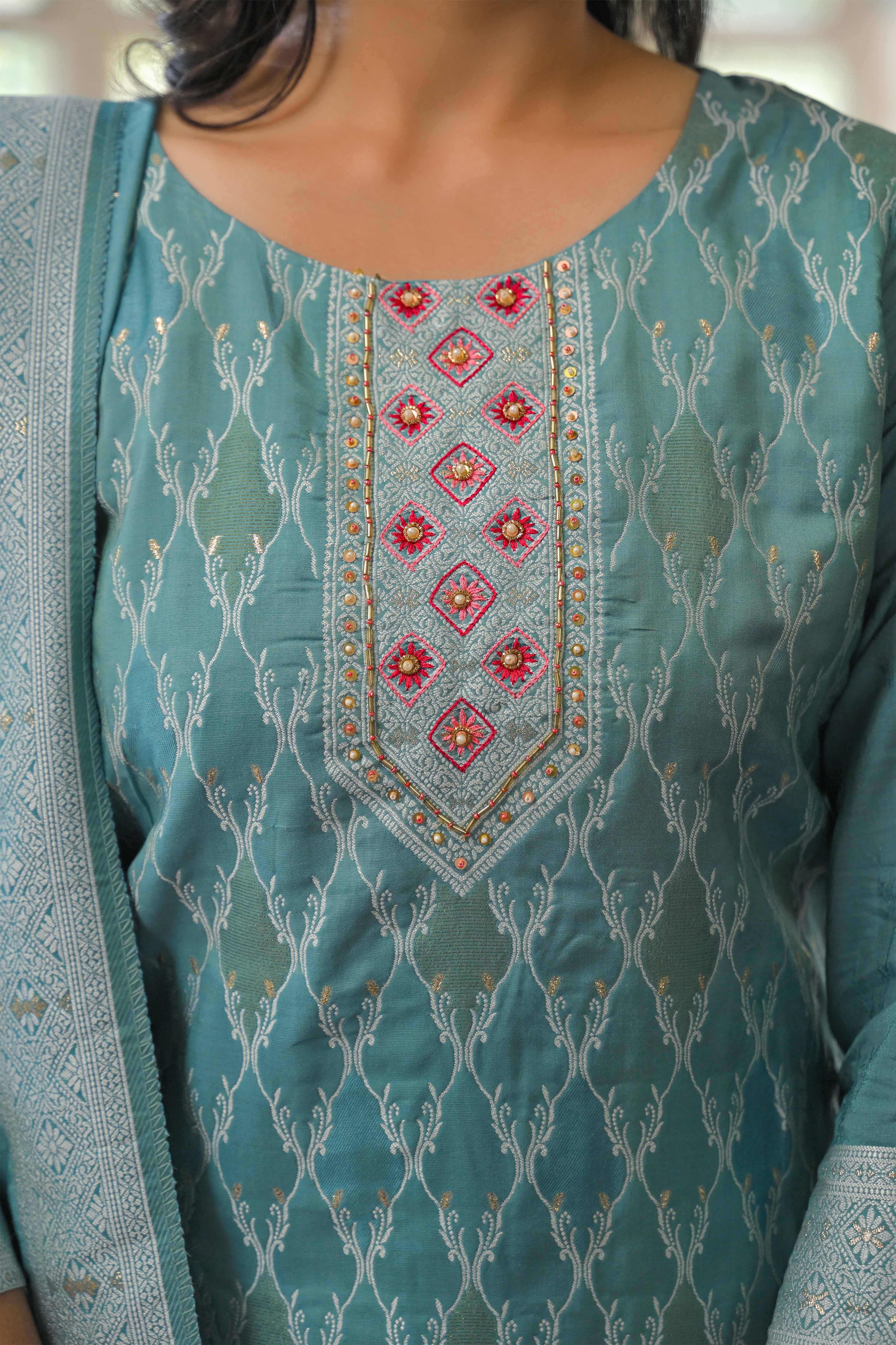 Dark Turquoise Woven With Handwork Jacquard Straight Salwar Suit